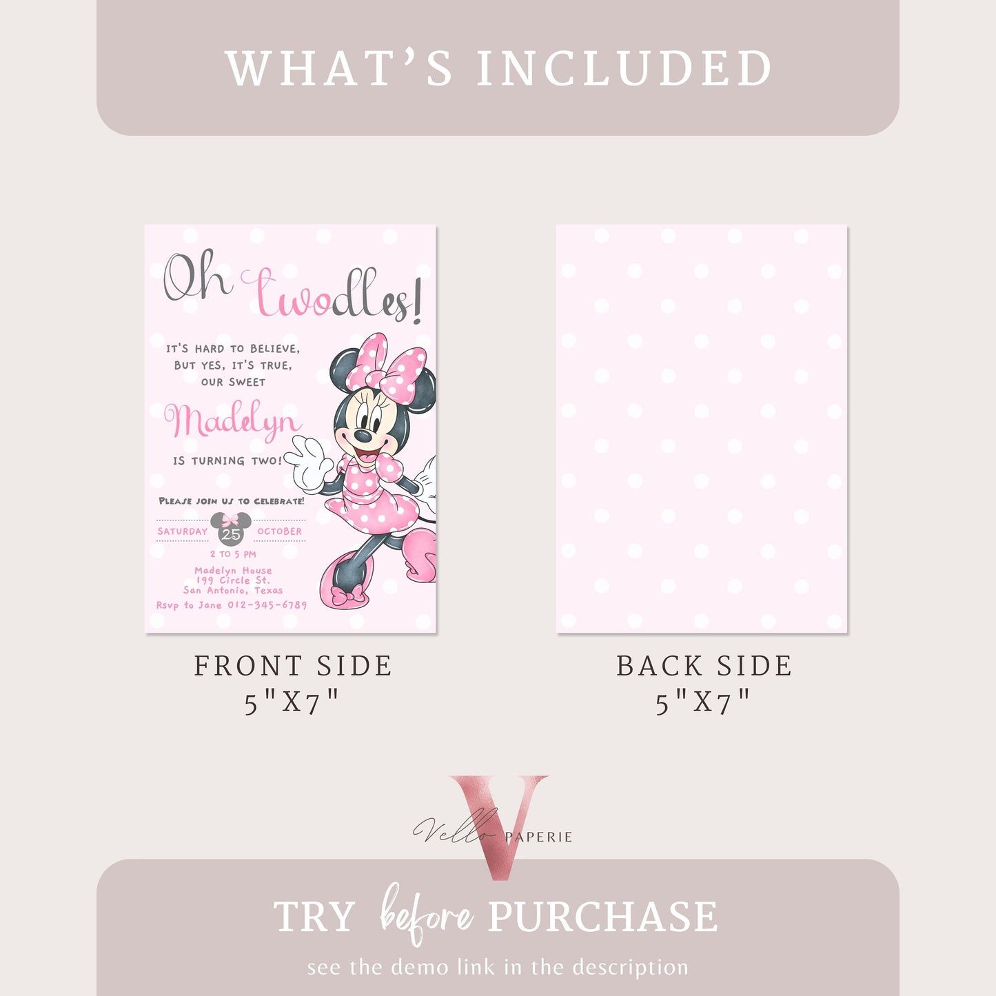 Oh Twodles Minnie Birthday Invitation | Editable Printable Watercolor Minnie Birthday Party Invite | Pink Minnie Twodles Instant Download