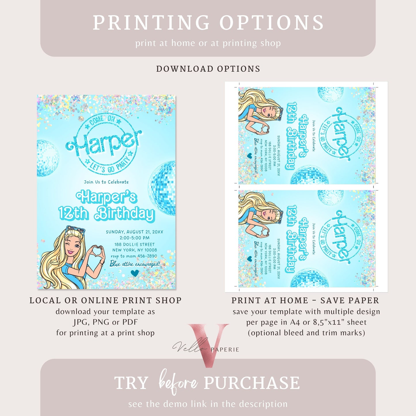 Disco Blue Doll Birthday Invitation | Editable Printable Glitter Blue Disco Party Invite | Boy and Girl Blue Doll Party Instant Download