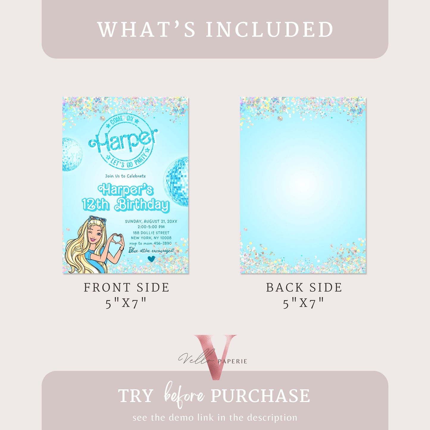 Disco Blue Doll Birthday Invitation | Editable Printable Glitter Blue Disco Party Invite | Boy and Girl Blue Doll Party Instant Download