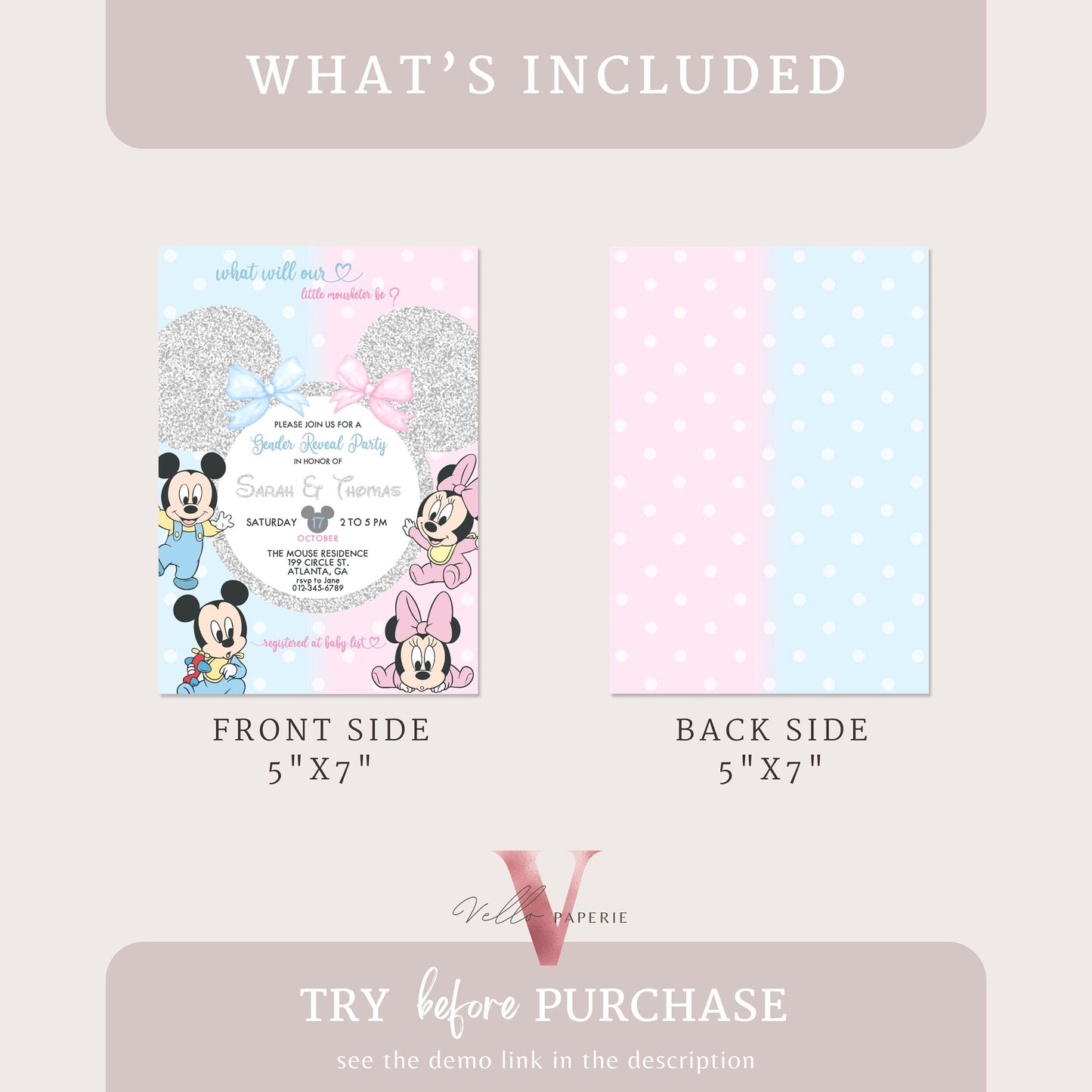 Minnie Mickey Baby Shower Invitation | Editable Printable Blue Pink Baby Shower Party Invite | Mouseketeer Gender Reveal Party Invite