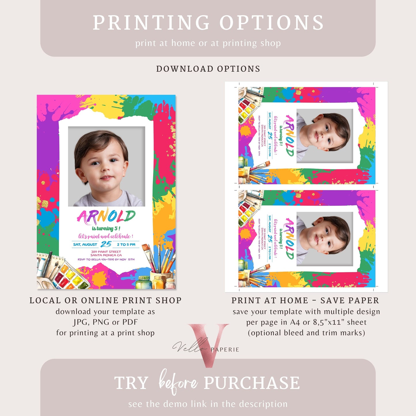 Colorful Kids Paint Birthday Invitation | Editable Printable Rainbow Paint Party Invite with photo | Creative Activity Kid Party Instant