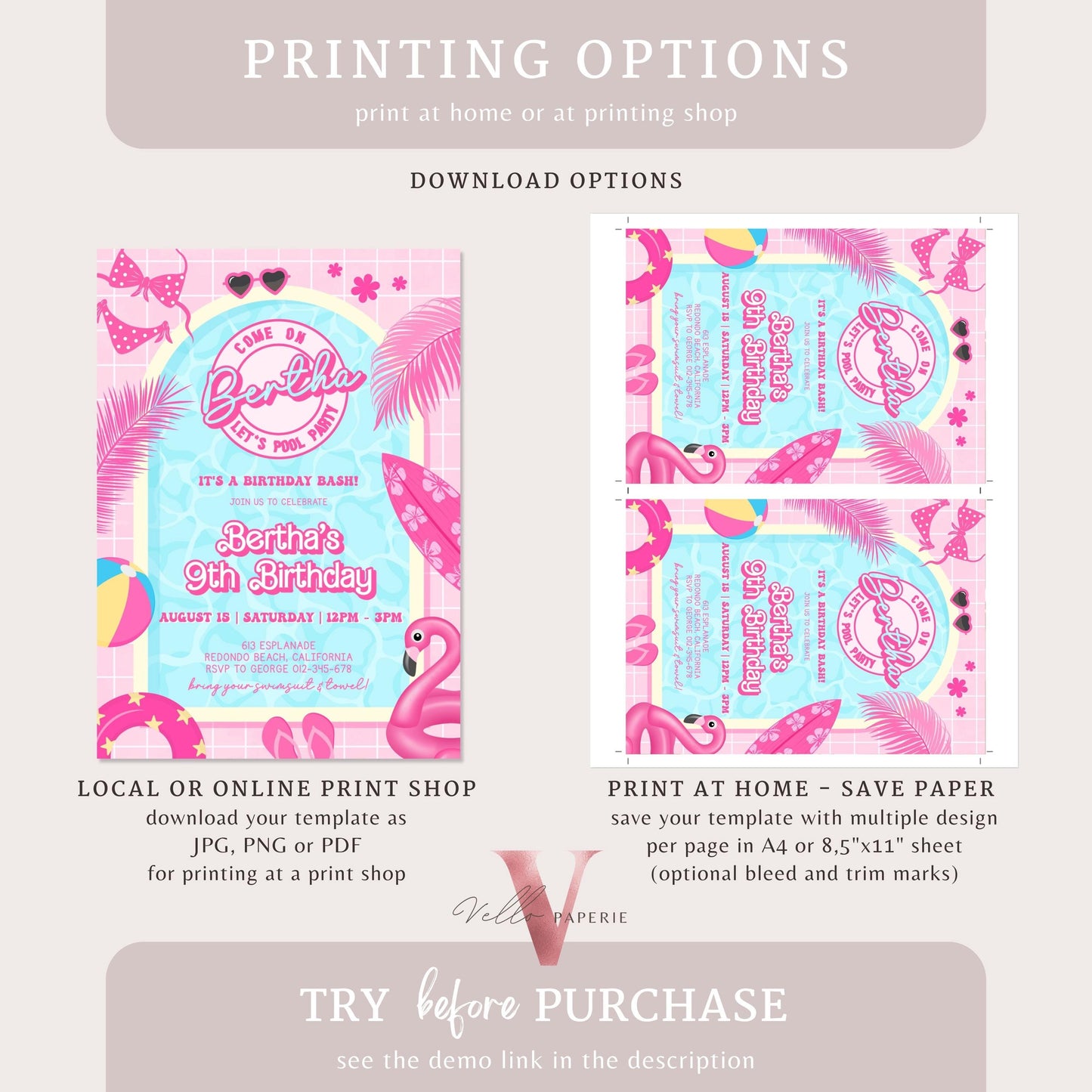 Instant Pink Doll Pool Birthday Invitation | Editable Printable Malibu Pool Party Invite | Pink Blue Malibu Come On Lets Go Party PDP01