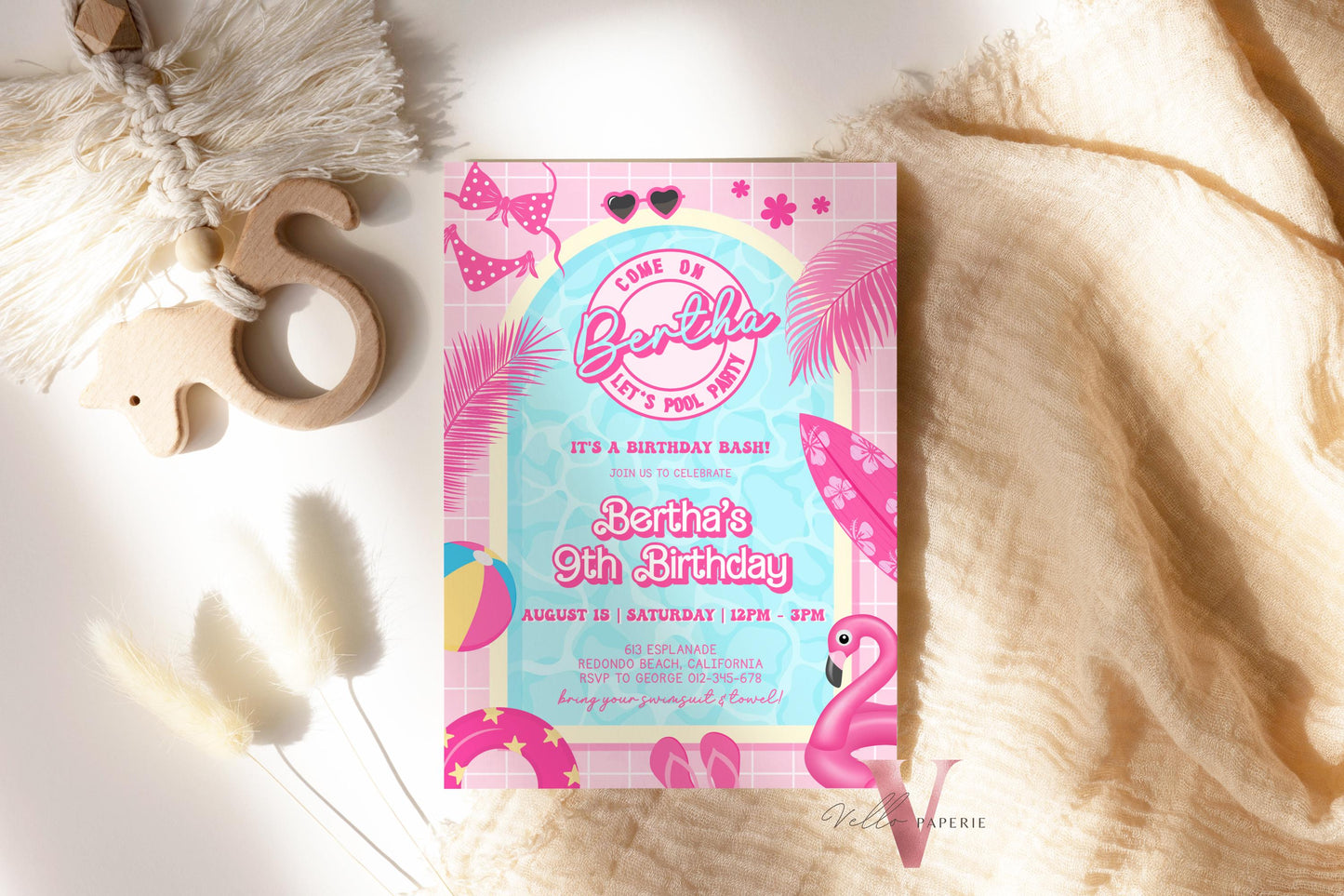 Instant Pink Doll Pool Birthday Invitation | Editable Printable Malibu Pool Party Invite | Pink Blue Malibu Come On Lets Go Party PDP01