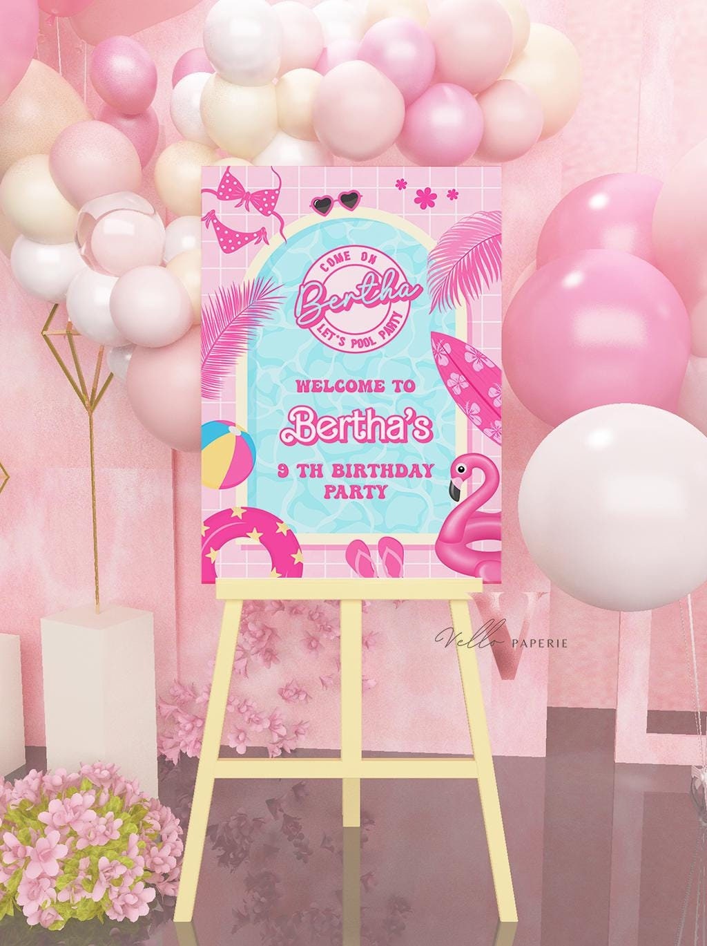 Pink Doll Pool Birthday Welcome Sign | Editable Malibu Pool Party Decor Sign | Pink Blue Malibu Come On Lets Go Party Favors PDP01