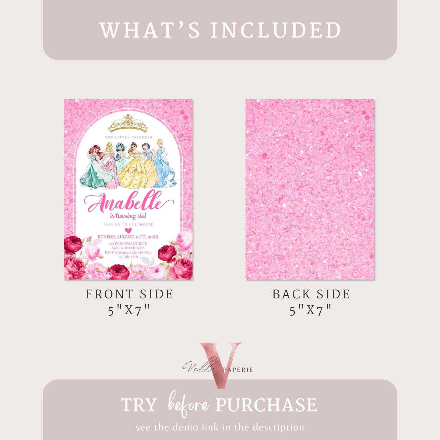 princess pink shimmer birthday invitation, once upon a time birthday party girl, princess character watercolor invite instant download