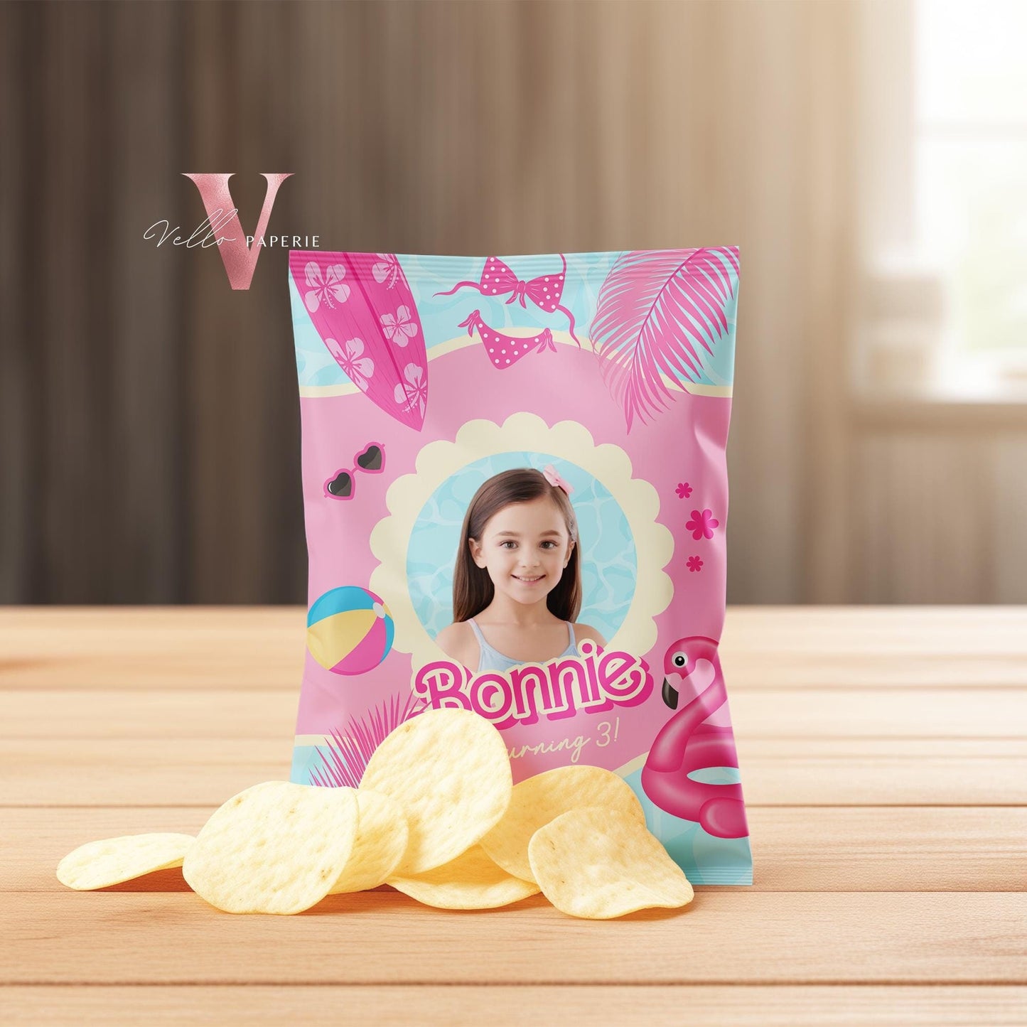 Photo Pink Doll Pool Birthday Party Favors | Malibu Pool Party Decor | Pink Blue Pool Malibu Chips Bag Snack Bag PDP01