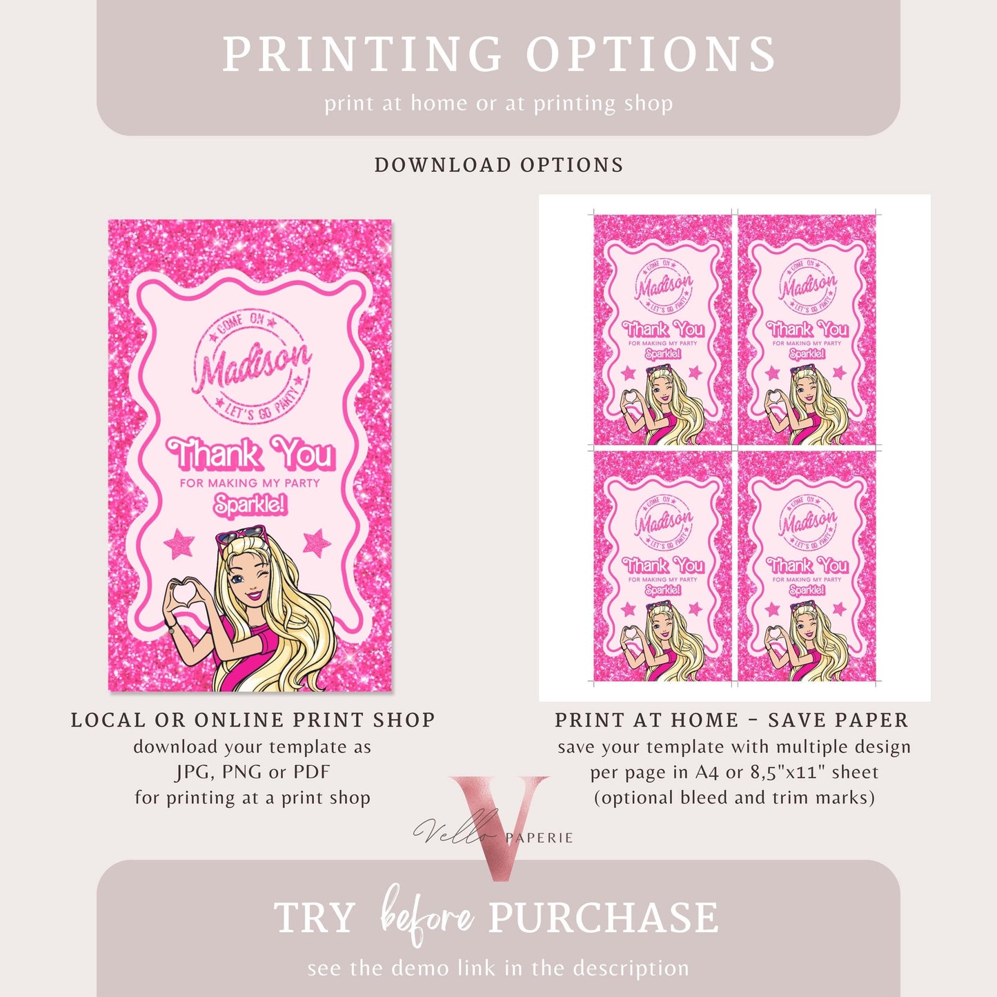 Wave Pink Sparkle Fashion Doll Birthday Thankyou Card, Cartoon Pink Doll Glitter Come On Lets Go Pink Party Favor, Gift Tag Instant Template