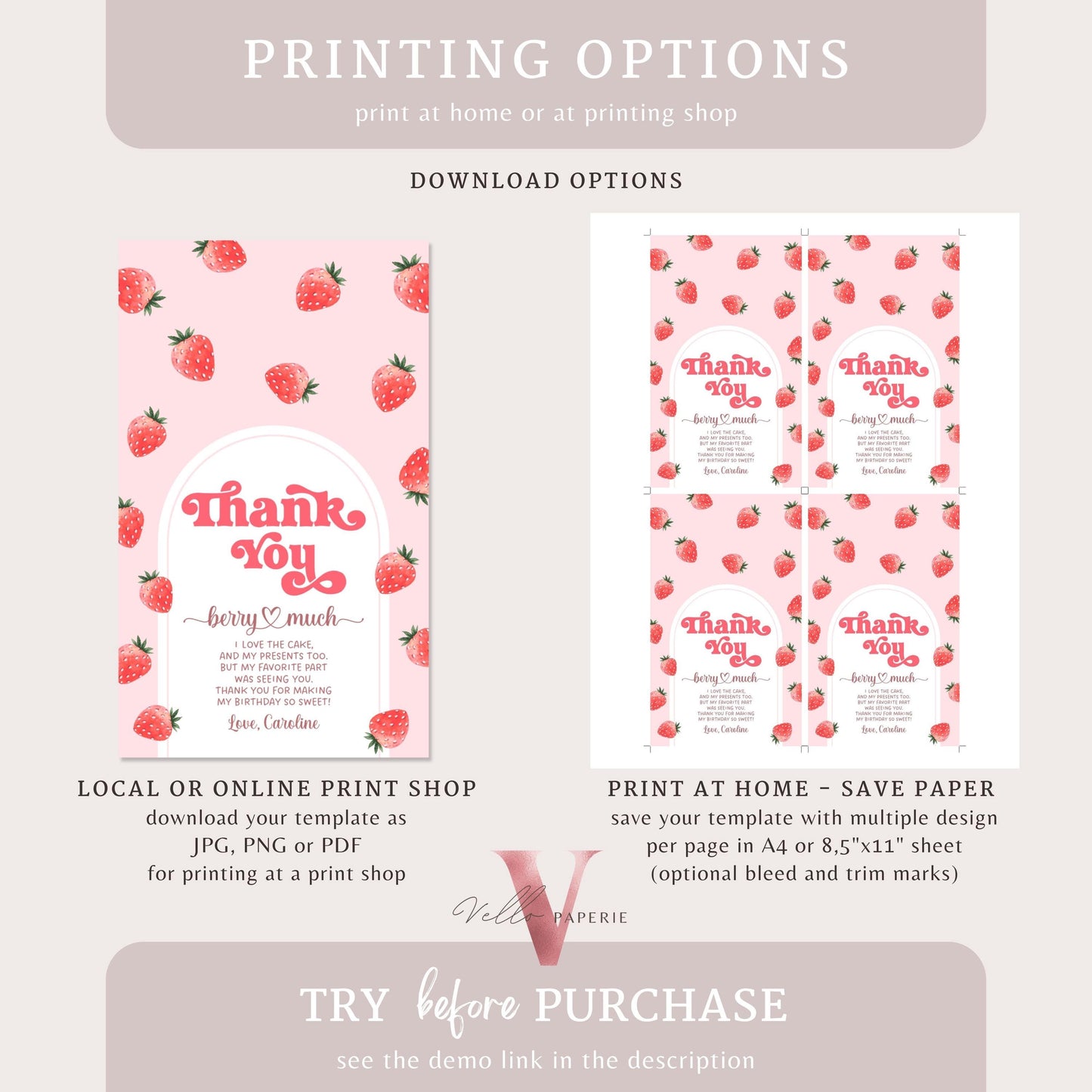 Berry First Birthday Party Thankyou Card | Strawberry One Kid Party Favor Tag Instant Template | Berry Pink Pastel Gift Card Tag