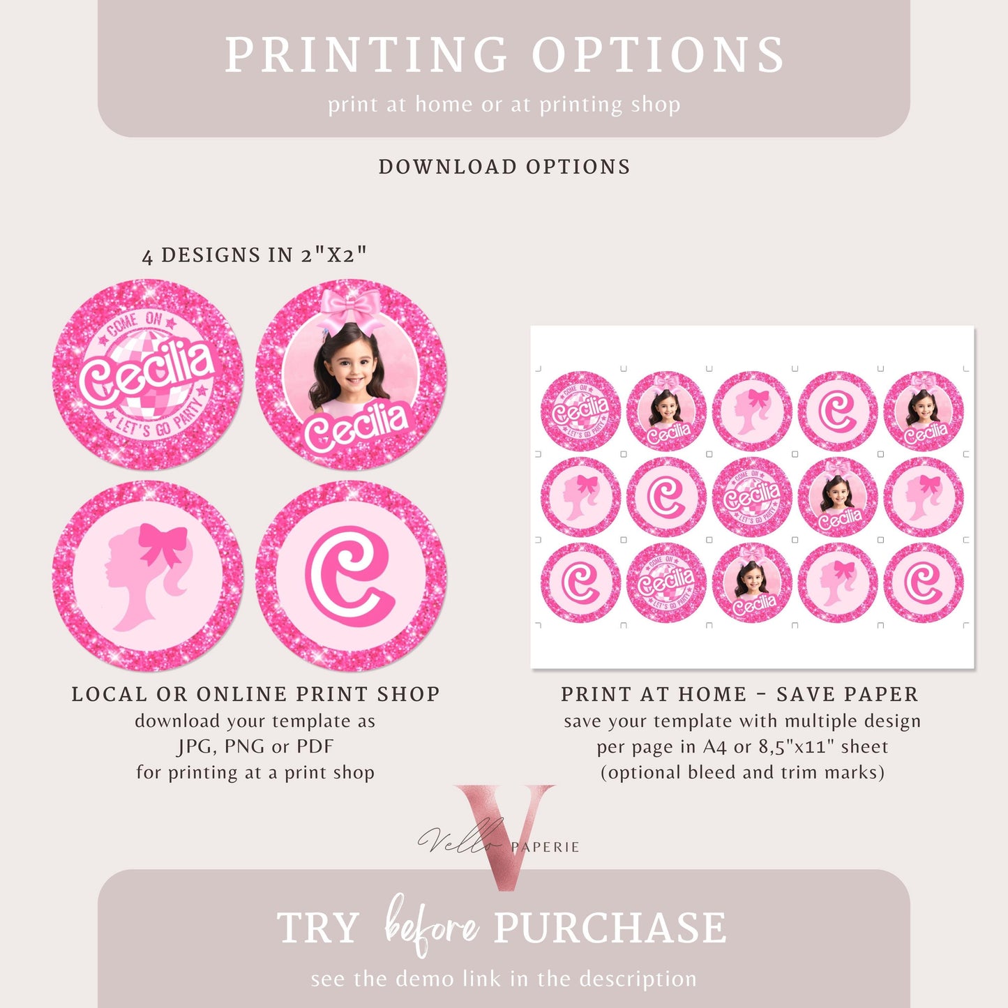 Photo Pink Doll Birthday Cupcake Topper | Sparkle Hot Pink Party Cake Decor | Come On Lets Go Party Favors Topper Instant Download