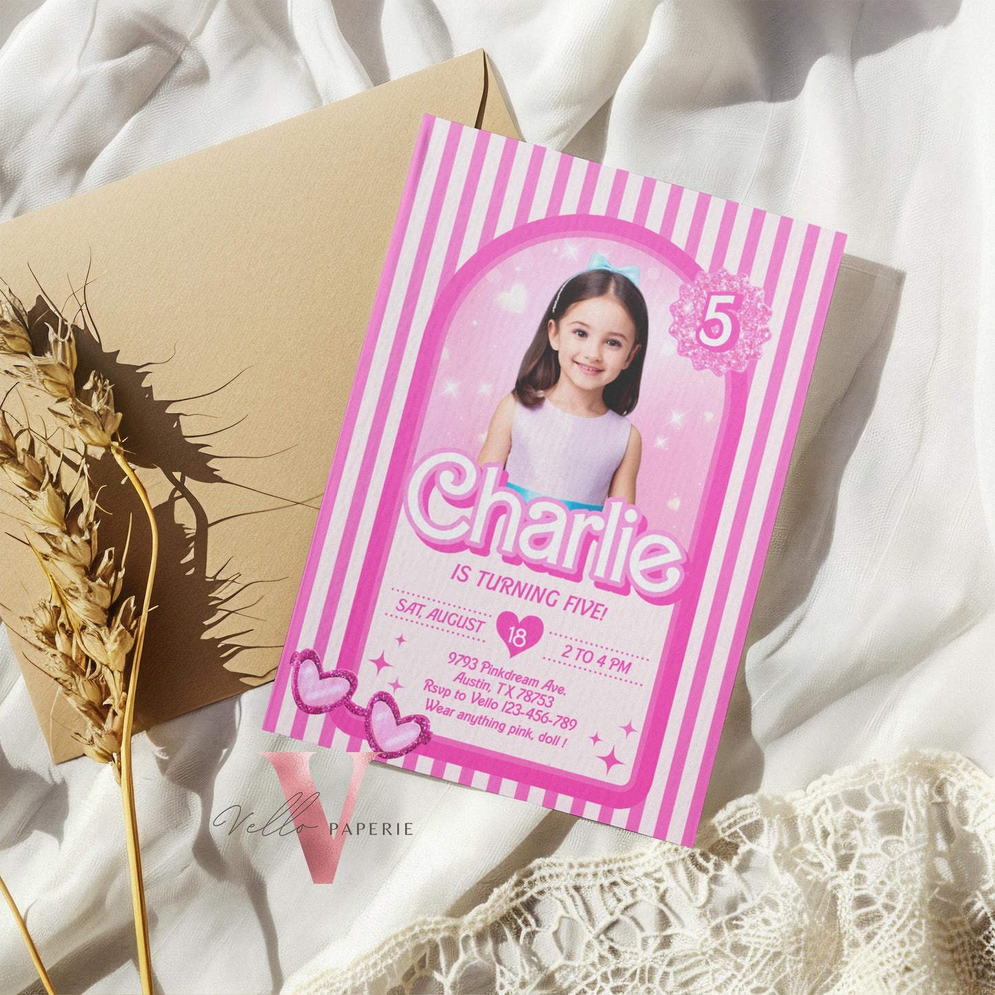 Stripe Sunglass Pink Fashion Doll Box Birthday Invitation | Editable Photo Glam Pink Doll Party Invite | Instant Template Download