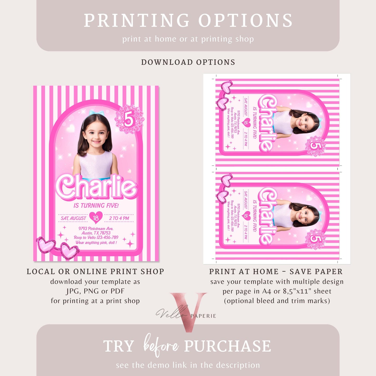 Stripe Sunglass Pink Fashion Doll Box Birthday Invitation | Editable Photo Glam Pink Doll Party Invite | Instant Template Download