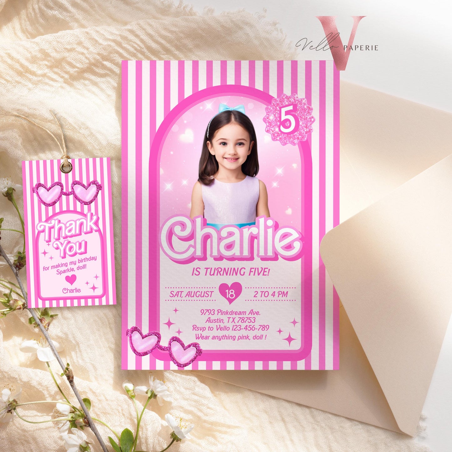 Stripe Sunglass Pink Fashion Doll Box Birthday Invitation | Editable Photo Glam Pink Doll Party Invite | Instant Template Download