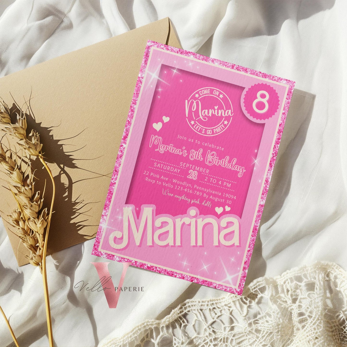 Editable Pink Sparkle Fashion Doll Birthday Invitation, Pink Doll Glitter Come On Lets Go Pink Party Invite Instant Template