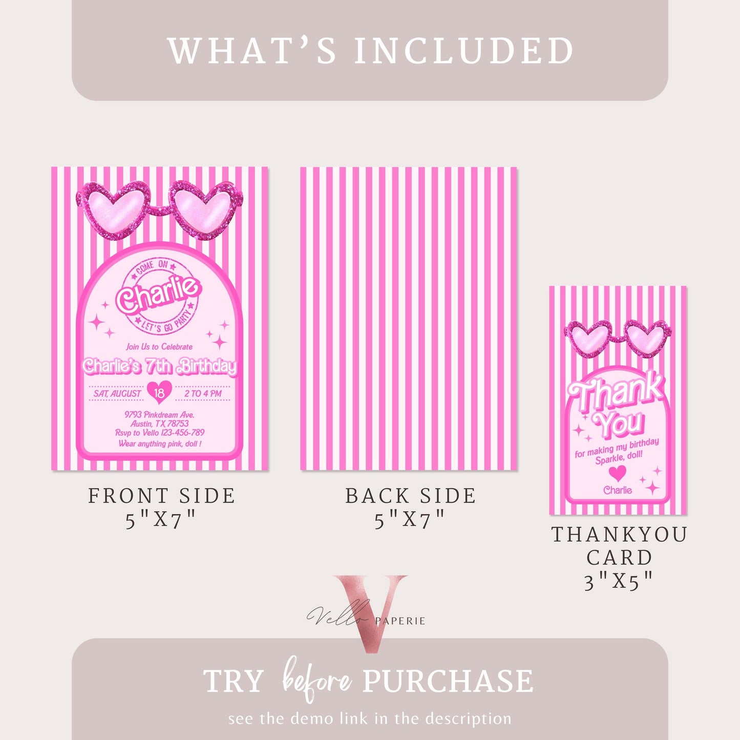Stripe Sunglass Pink Fashion Doll Birthday Invitation | Modern Pink Doll Glitter Come On Lets Go Pink Party Invite Instant Template