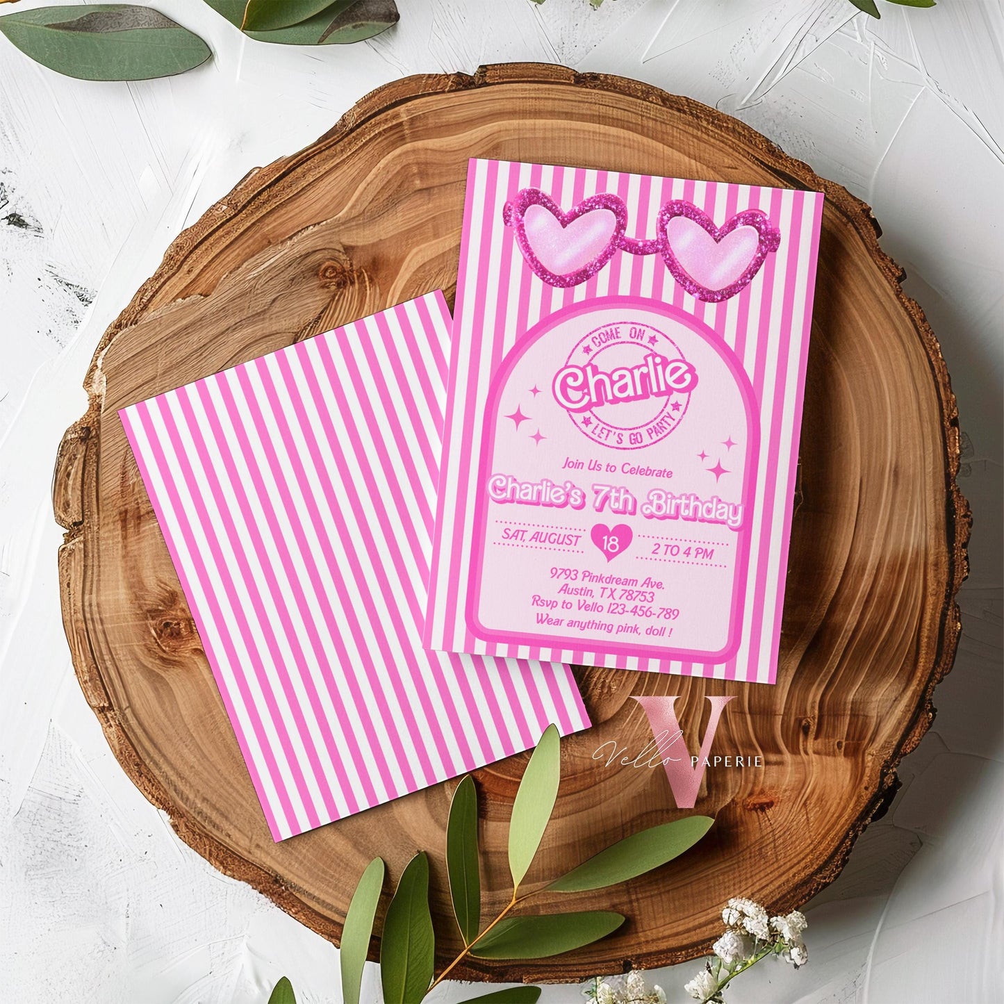 Stripe Sunglass Pink Fashion Doll Birthday Invitation | Modern Pink Doll Glitter Come On Lets Go Pink Party Invite Instant Template