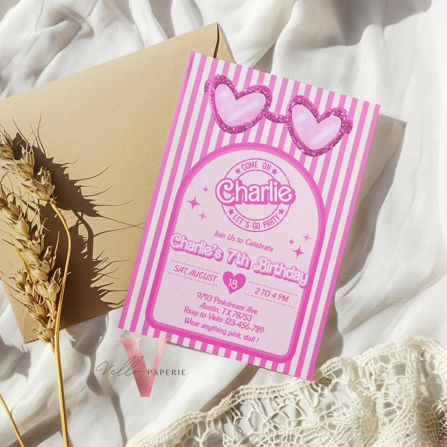 Stripe Sunglass Pink Fashion Doll Birthday Invitation | Modern Pink Doll Glitter Come On Lets Go Pink Party Invite Instant Template