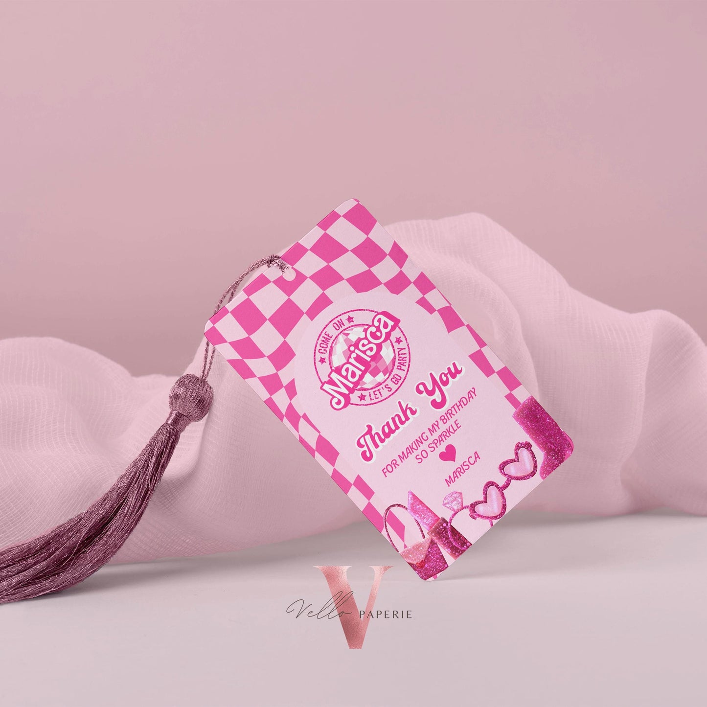 Groovy Pink Sparkle Fashion Doll Birthday Thankyou Card | Retro Pink Doll Glitter Come On Lets Go Pink Party Favors, Gift Tag Instant