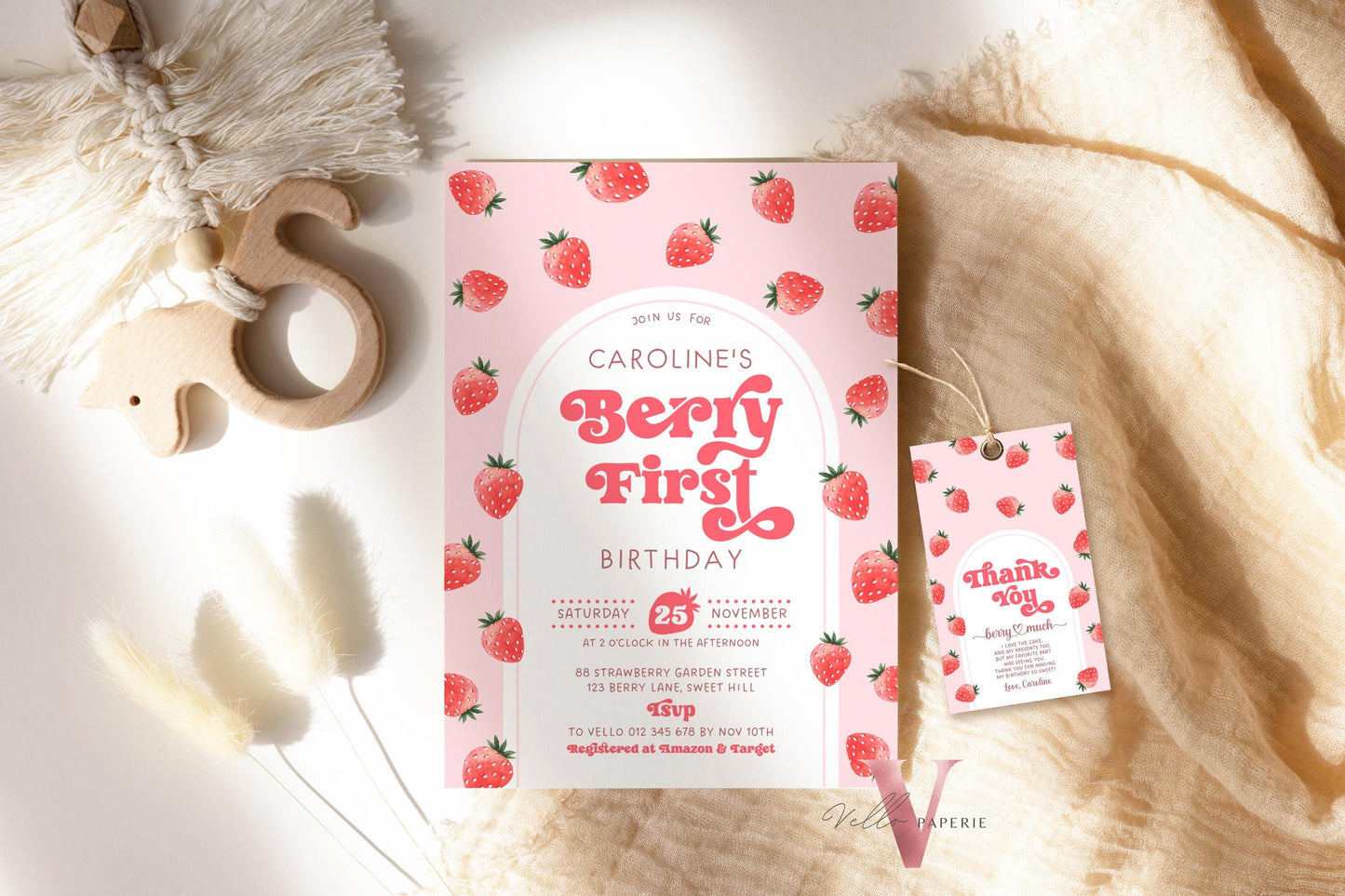 STRAWBERRY First Birthday Invitation Girl | Berry First Birthday Party Invite | Summer Girl Editable Template | Pink First Birthday Invite