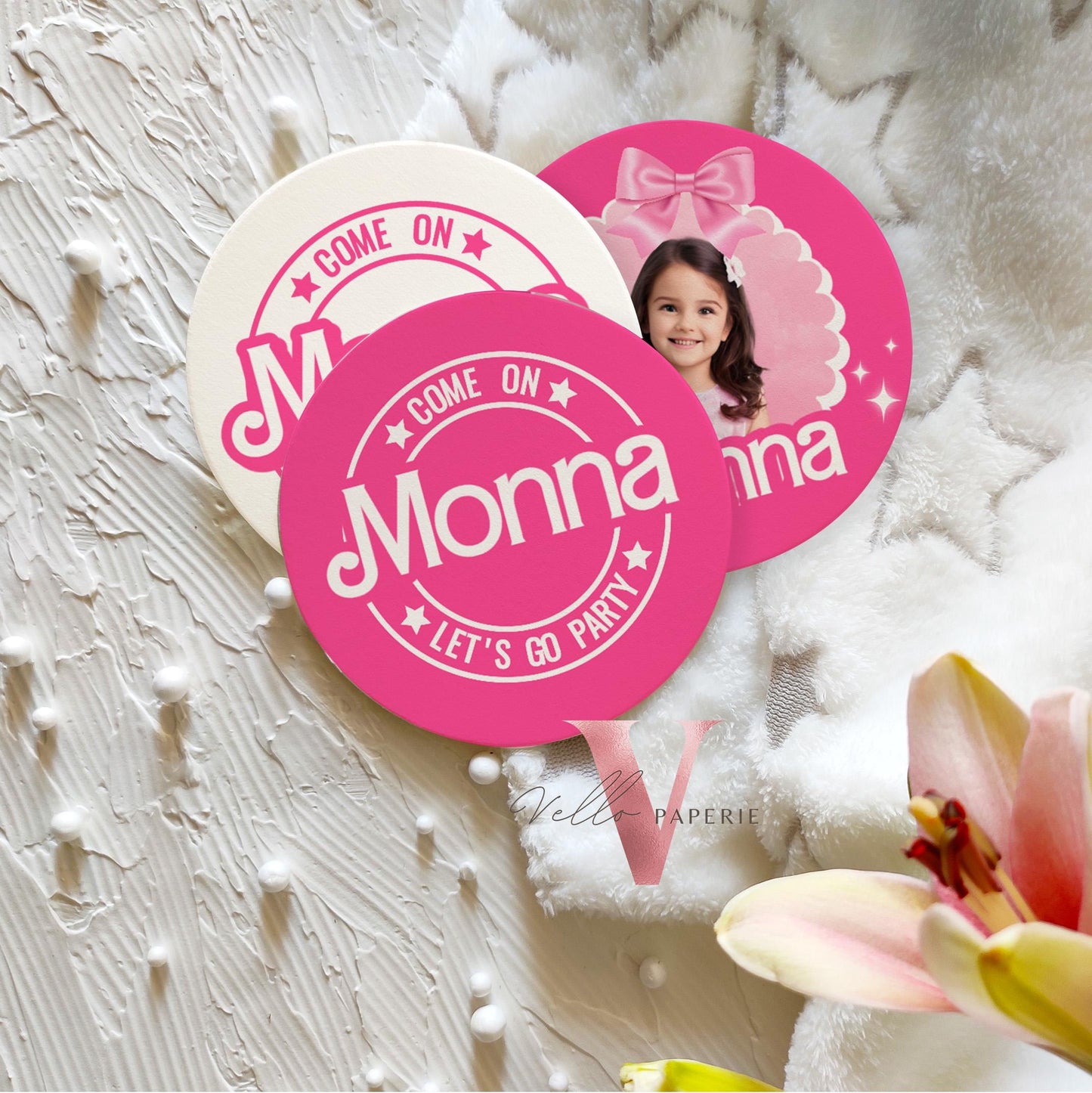 DIY Pink Doll Birthday Sticker Round Label | Come On Let's Go Party Round Label | Pink Doll Name Custom Name Tag Instant Template with photo