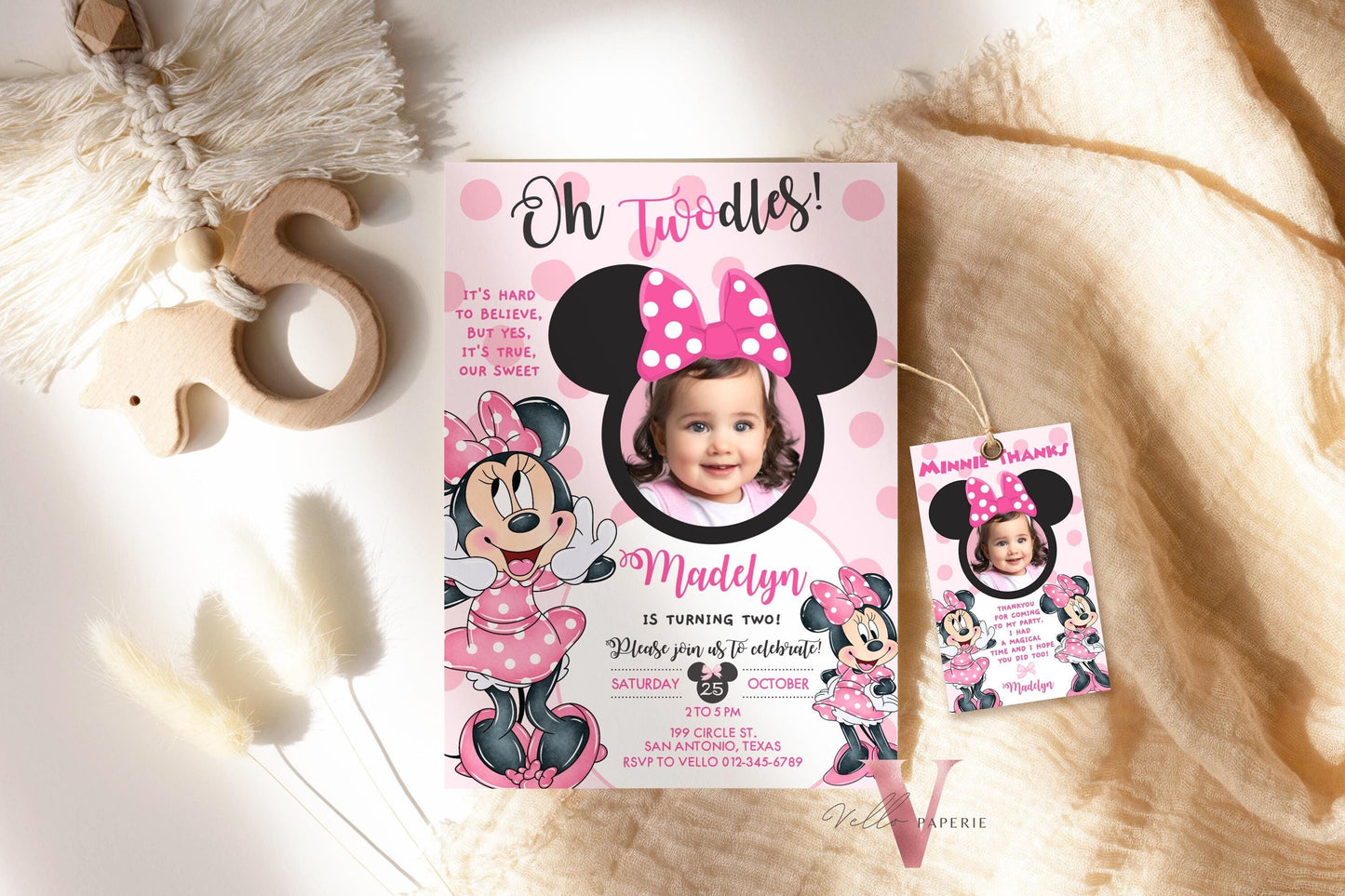 Photo Oh TWOdles Minnie Mouse Birthday Invitation | Cute Light Pink Polka Dot Invite | 2 Years Old Girl Second Birthday Instant Template