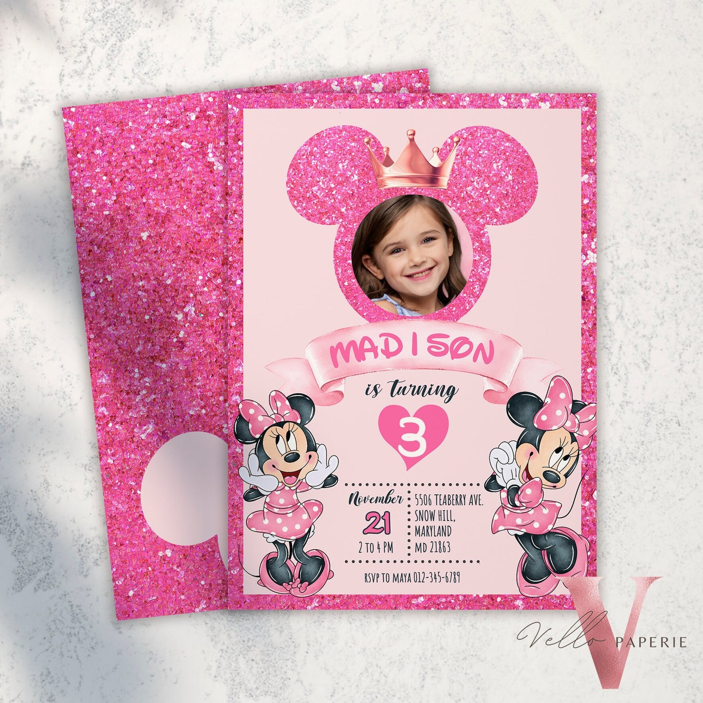 Photo Pink Minnie Birthday Invitation | Editable Printable Glitter Minnie Birthday Girl Party Invite with Photo Instant Template MMB03