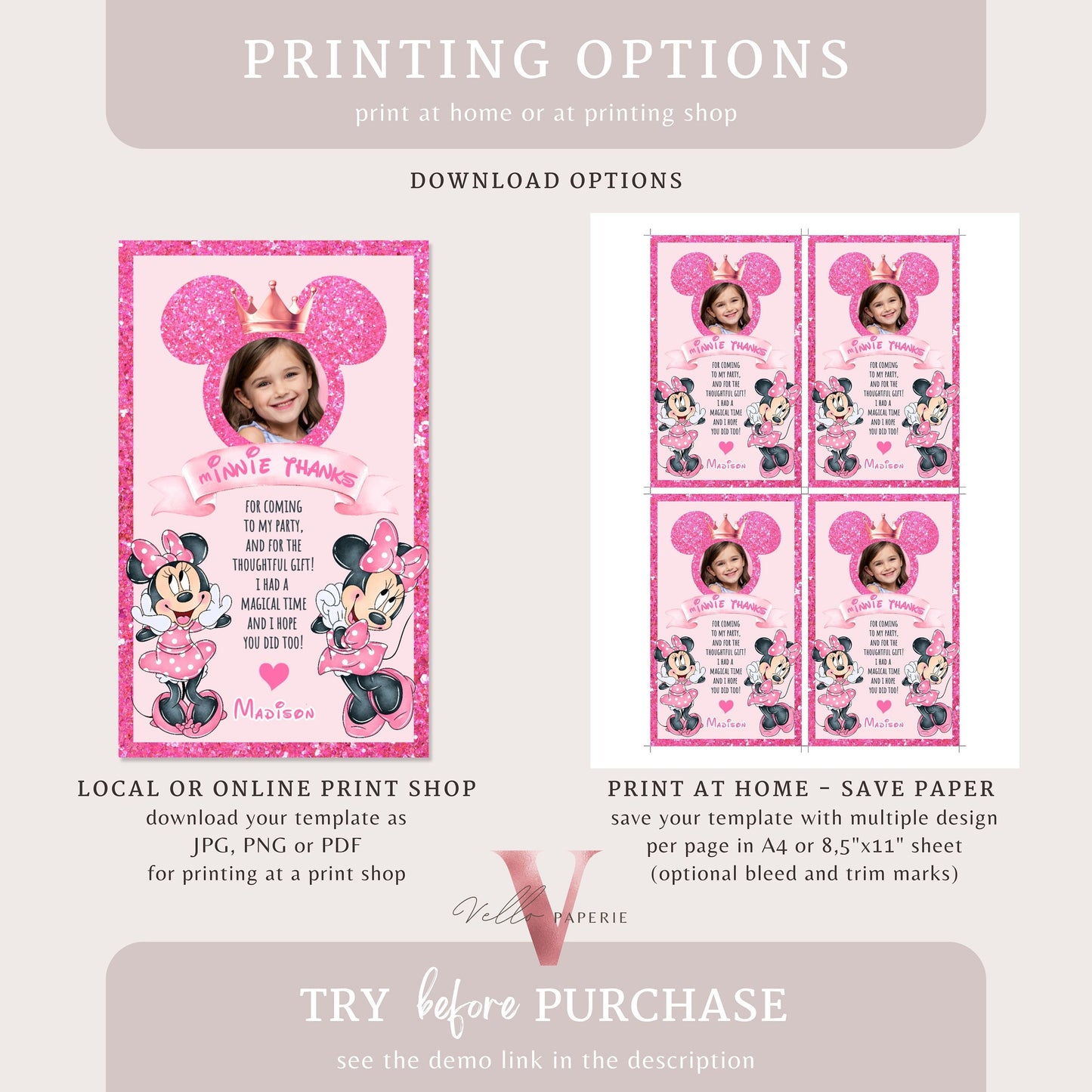 Photo Pink Minnie Birthday Thankyou Card | Editable Printable Selfie Glitter Minnie Birthday Party Favor Tag | Gift Tag Instant Download