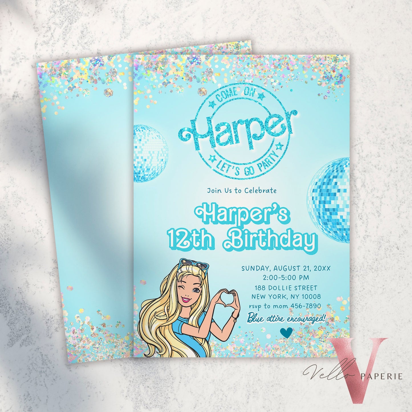 Disco Blue Doll Birthday Invitation | Editable Printable Glitter Blue Disco Party Invite | Boy and Girl Blue Doll Party Instant Download