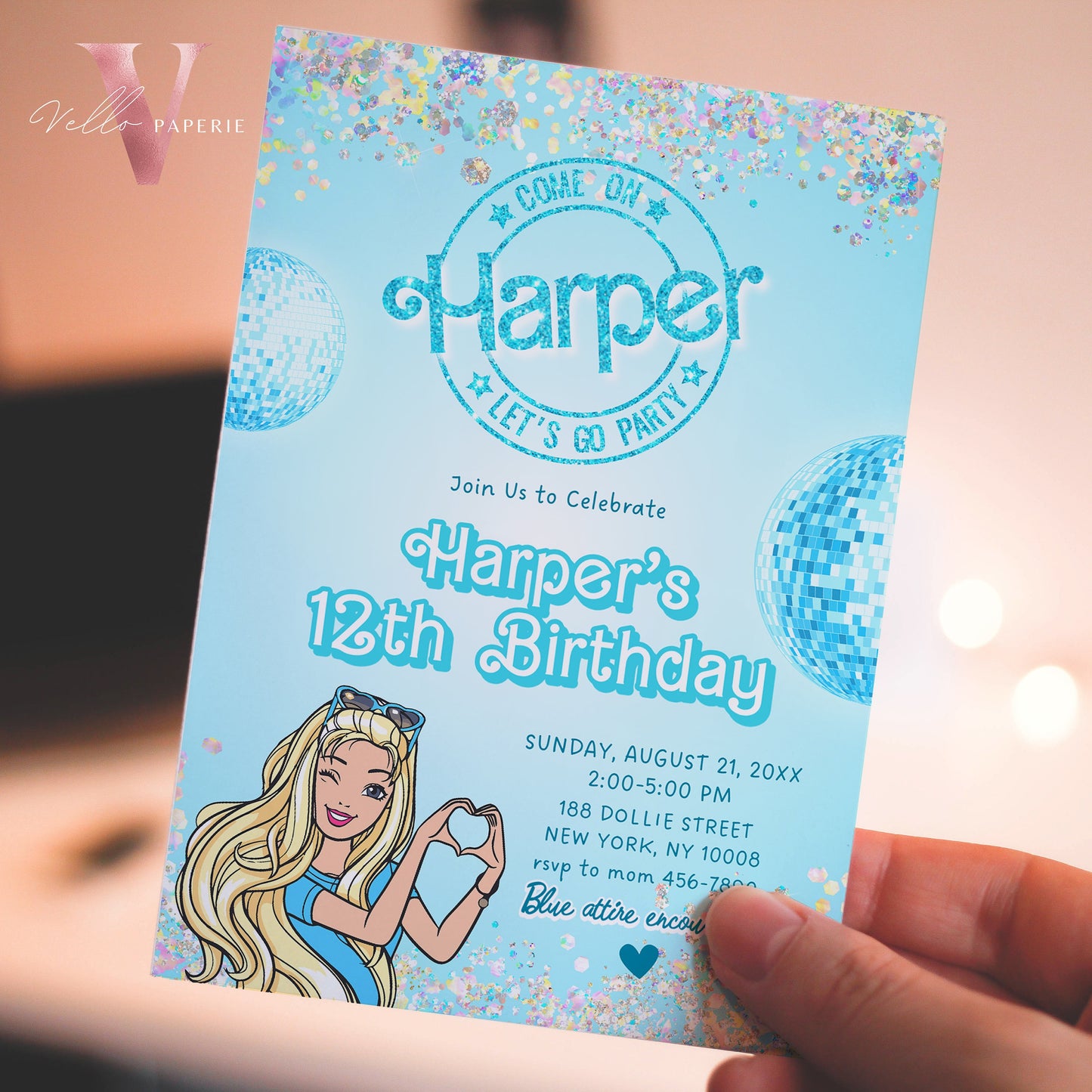 Disco Blue Doll Birthday Invitation | Editable Printable Glitter Blue Disco Party Invite | Boy and Girl Blue Doll Party Instant Download