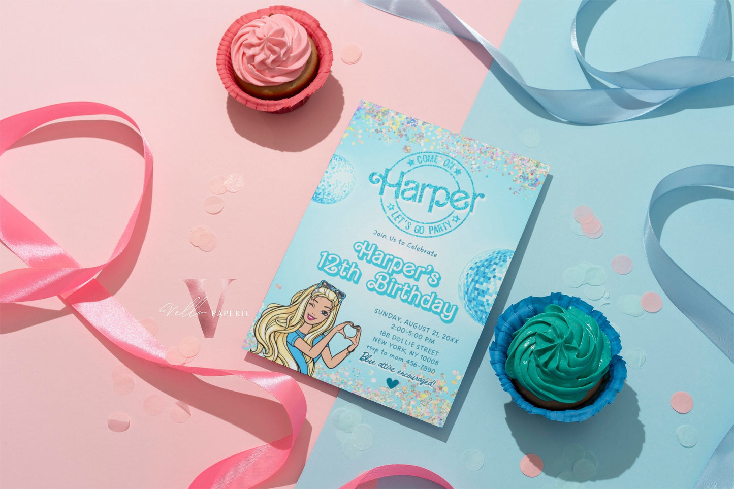 Disco Blue Doll Birthday Invitation | Editable Printable Glitter Blue Disco Party Invite | Boy and Girl Blue Doll Party Instant Download