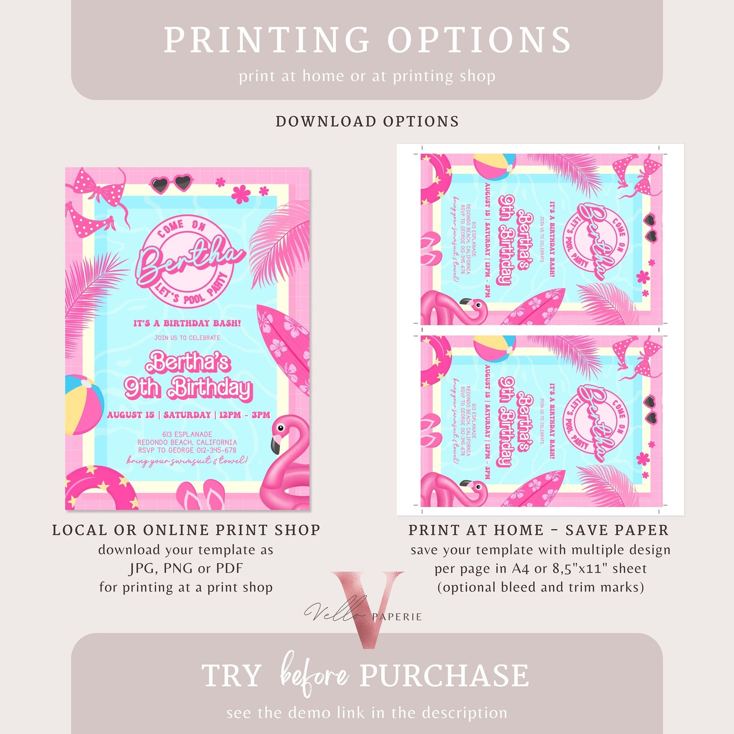 Pink Doll Pool Birthday Invitation | Editable Printable Malibu Pool Party Invite | Pink Blue Malibu Come On Lets Go Party Instant PDP01