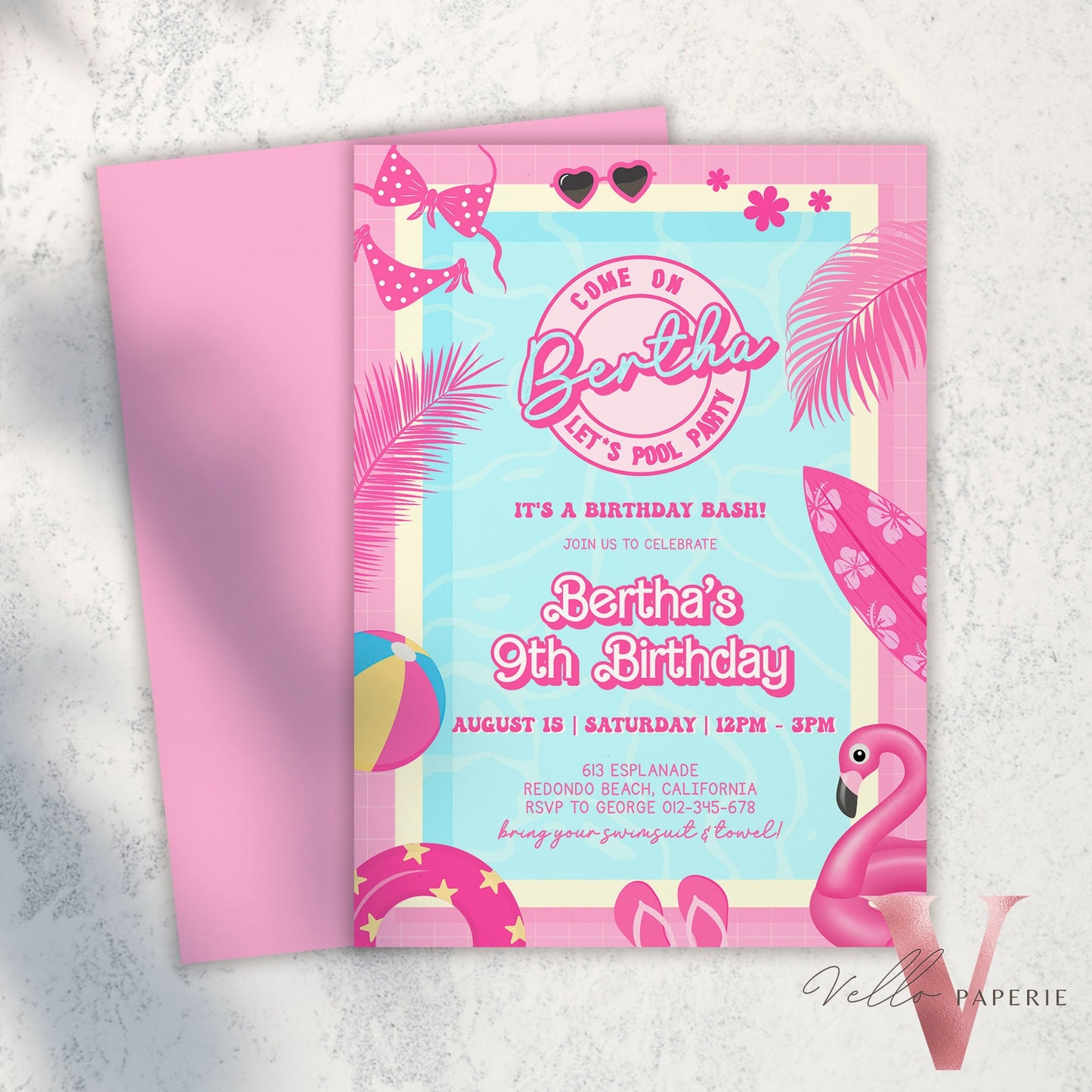 Pink Doll Pool Birthday Invitation | Editable Printable Malibu Pool Party Invite | Pink Blue Malibu Come On Lets Go Party Instant PDP01