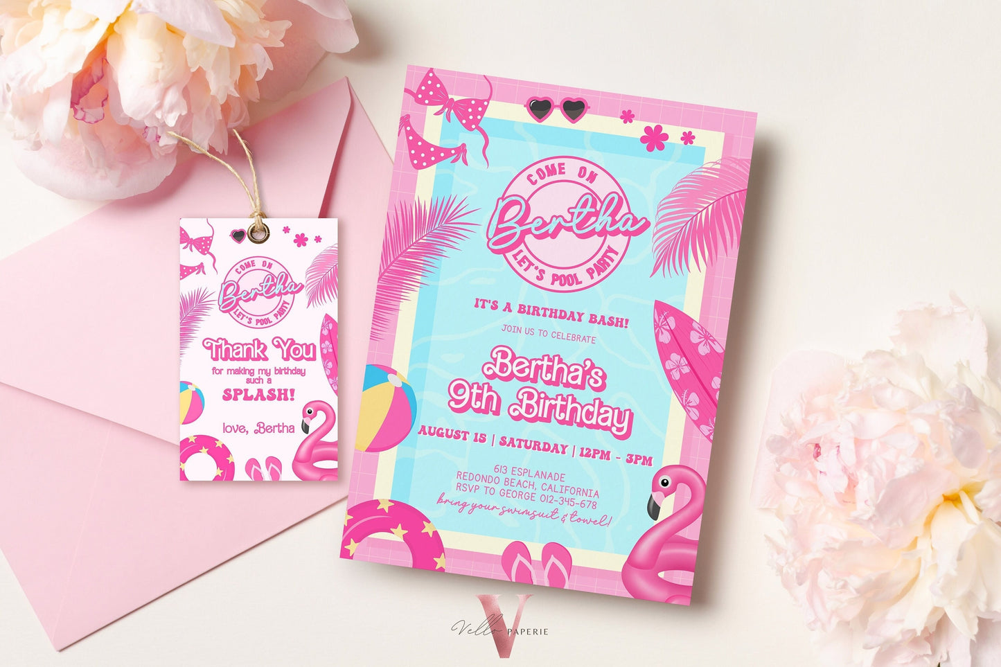 Pink Doll Pool Birthday Invitation | Editable Printable Malibu Pool Party Invite | Pink Blue Malibu Come On Lets Go Party Instant PDP01