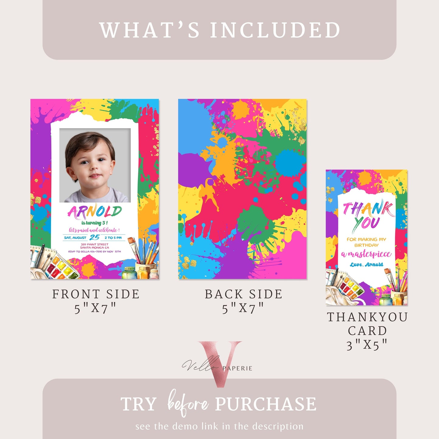 Colorful Kids Paint Birthday Invitation | Editable Printable Rainbow Paint Party Invite with photo | Creative Activity Kid Party Instant