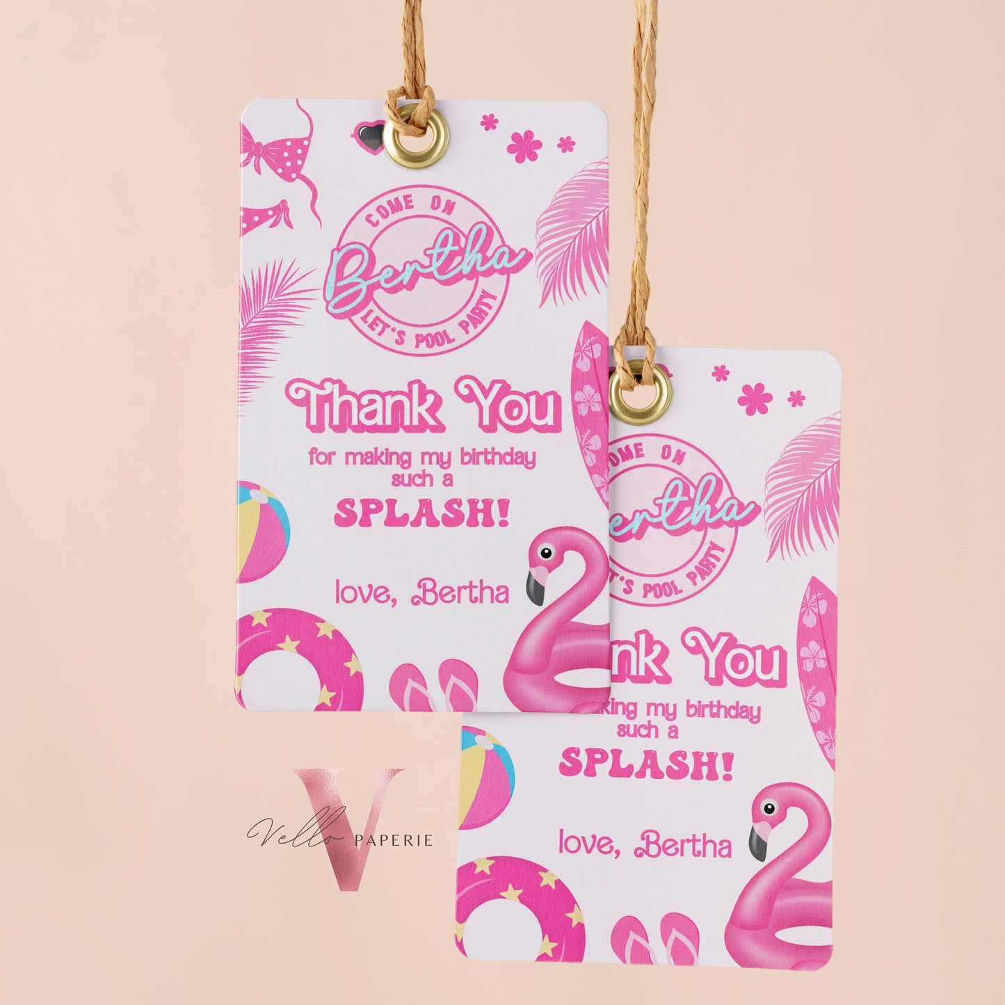Pink Doll Pool Birthday Thankyou Card | Editable Printable Malibu Pool Party Favor Tag | Pink Blue Malibu Come On Lets Go Party Gift PDP01