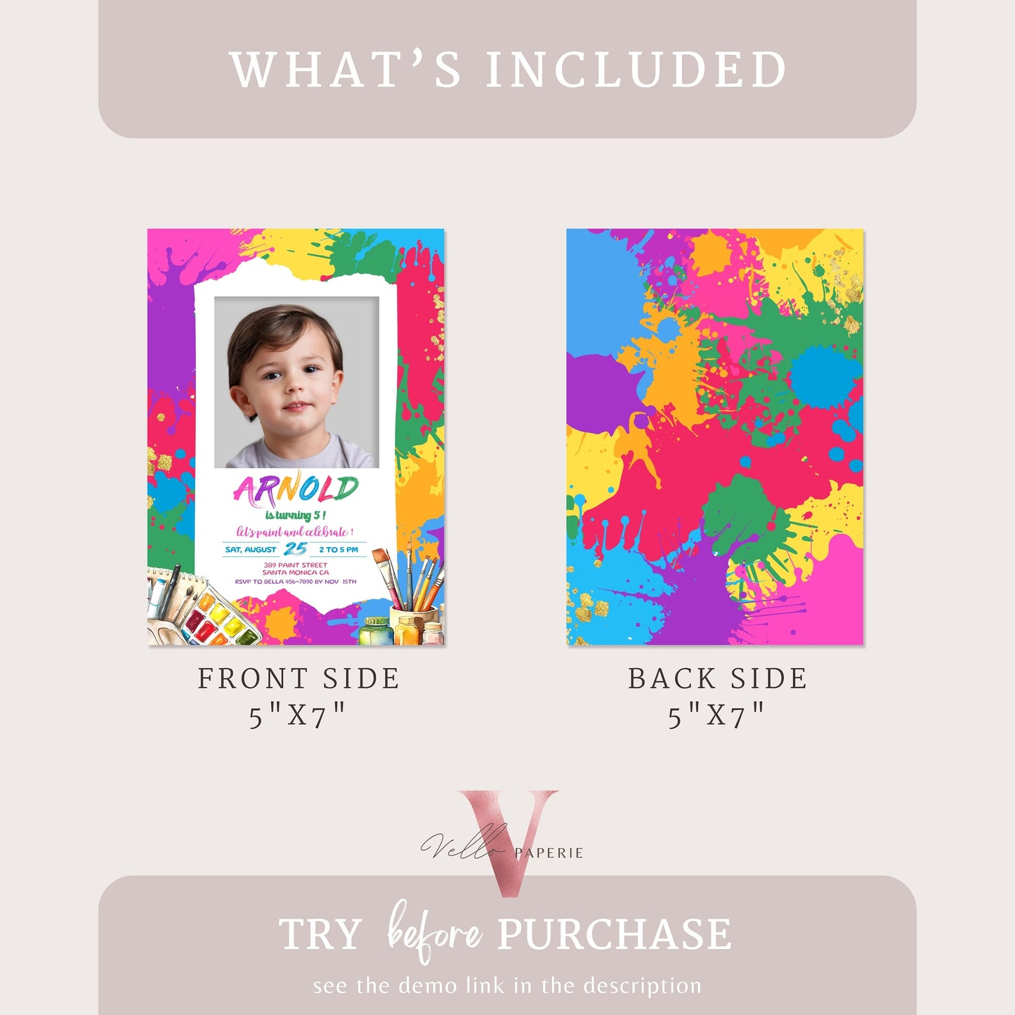 Colorful Kids Paint Birthday Invitation | Editable Printable Rainbow Paint Party Invite with photo | Creative Activity Kid Party Instant
