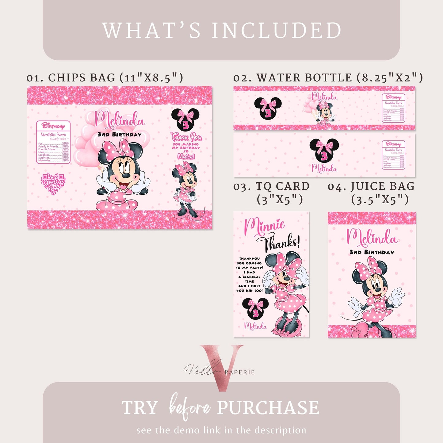 Editable Printable Any Age Minnie Mouse Birthday Party Favors | Glitter Pink Minnie Party Chip Bag, Water Bottle Label, Caprisun, TQ MMB01