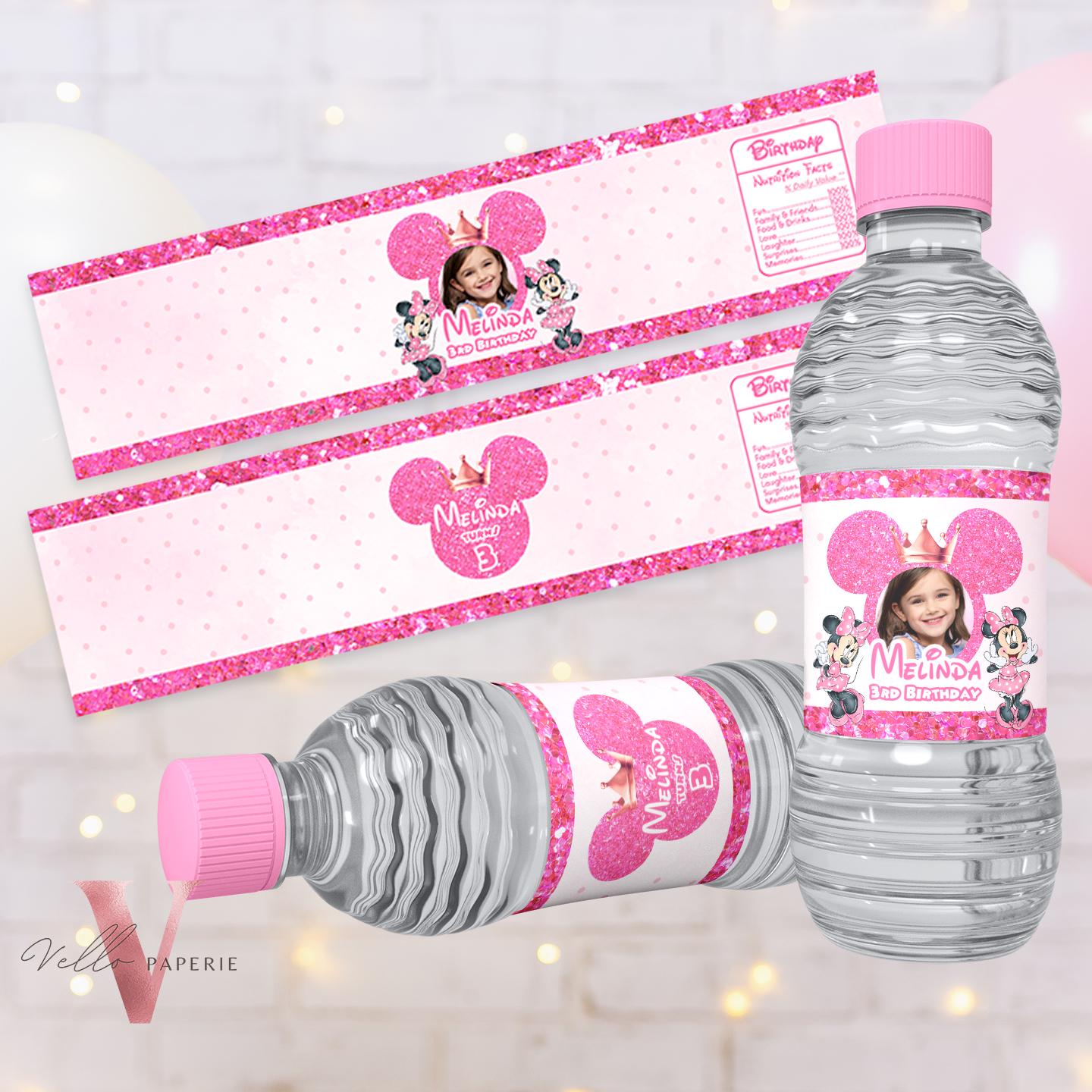 Self Editable Photo Minnie Mouse Birthday Party Favors | Glitter Pink Minnie Party Chip Bag, Water Bottle Label, Caprisun, Thanks Tag MMB03