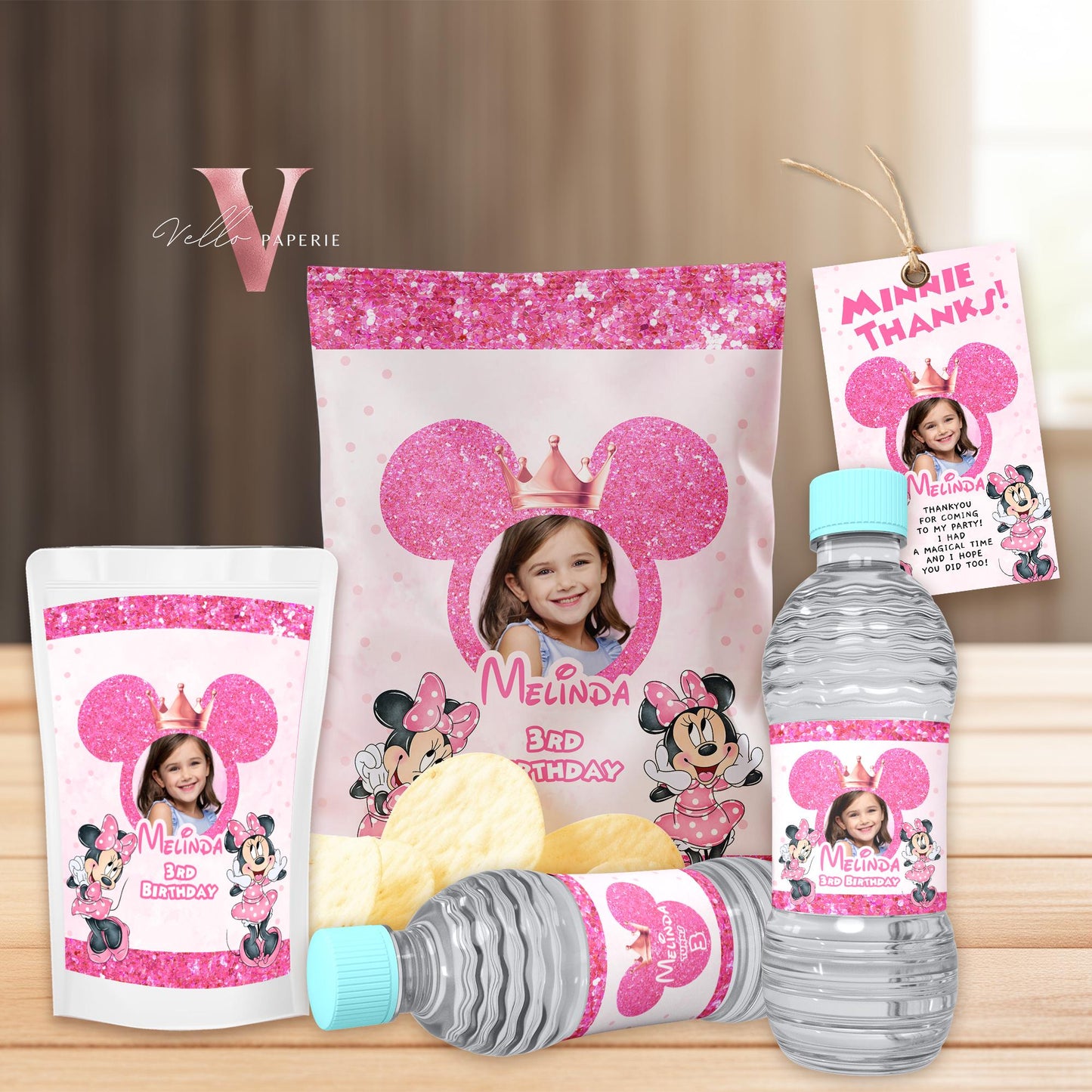 Self Editable Photo Minnie Mouse Birthday Party Favors | Glitter Pink Minnie Party Chip Bag, Water Bottle Label, Caprisun, Thanks Tag MMB03