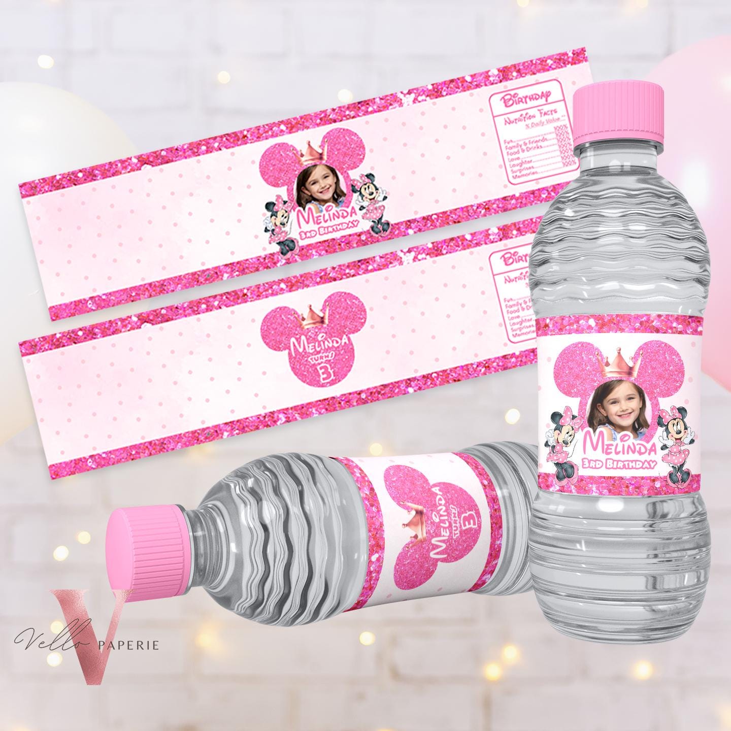 Self Editable Photo Minnie Mouse Birthday Party Favors | Glitter Pink Polkadot Minnie Party Water Bottle Label, Party Decor MMB03