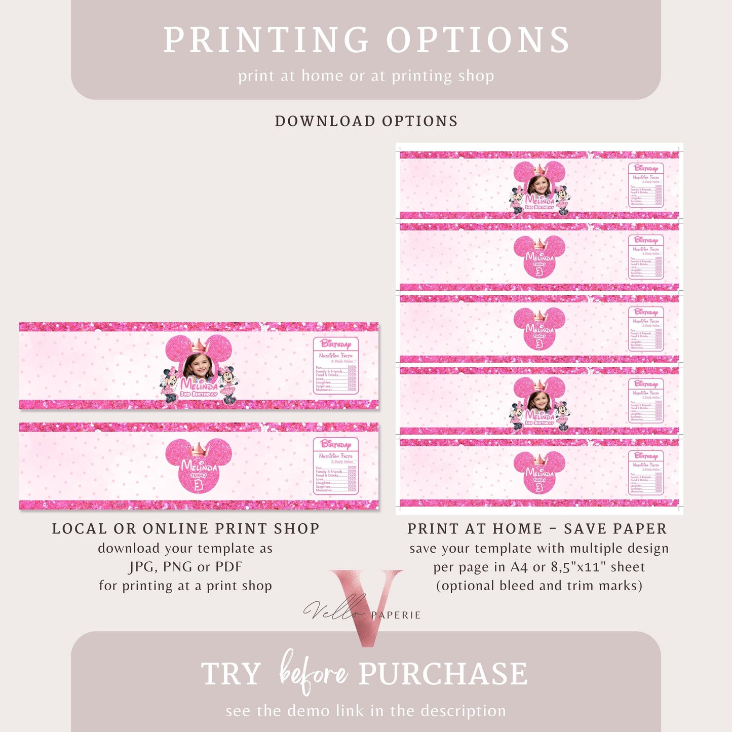 Self Editable Photo Minnie Mouse Birthday Party Favors | Glitter Pink Polkadot Minnie Party Water Bottle Label, Party Decor MMB03