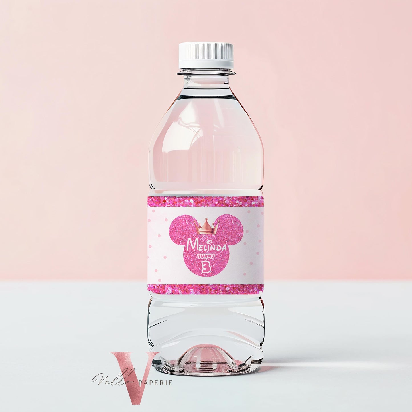 Self Editable Photo Minnie Mouse Birthday Party Favors | Glitter Pink Polkadot Minnie Party Water Bottle Label, Party Decor MMB03