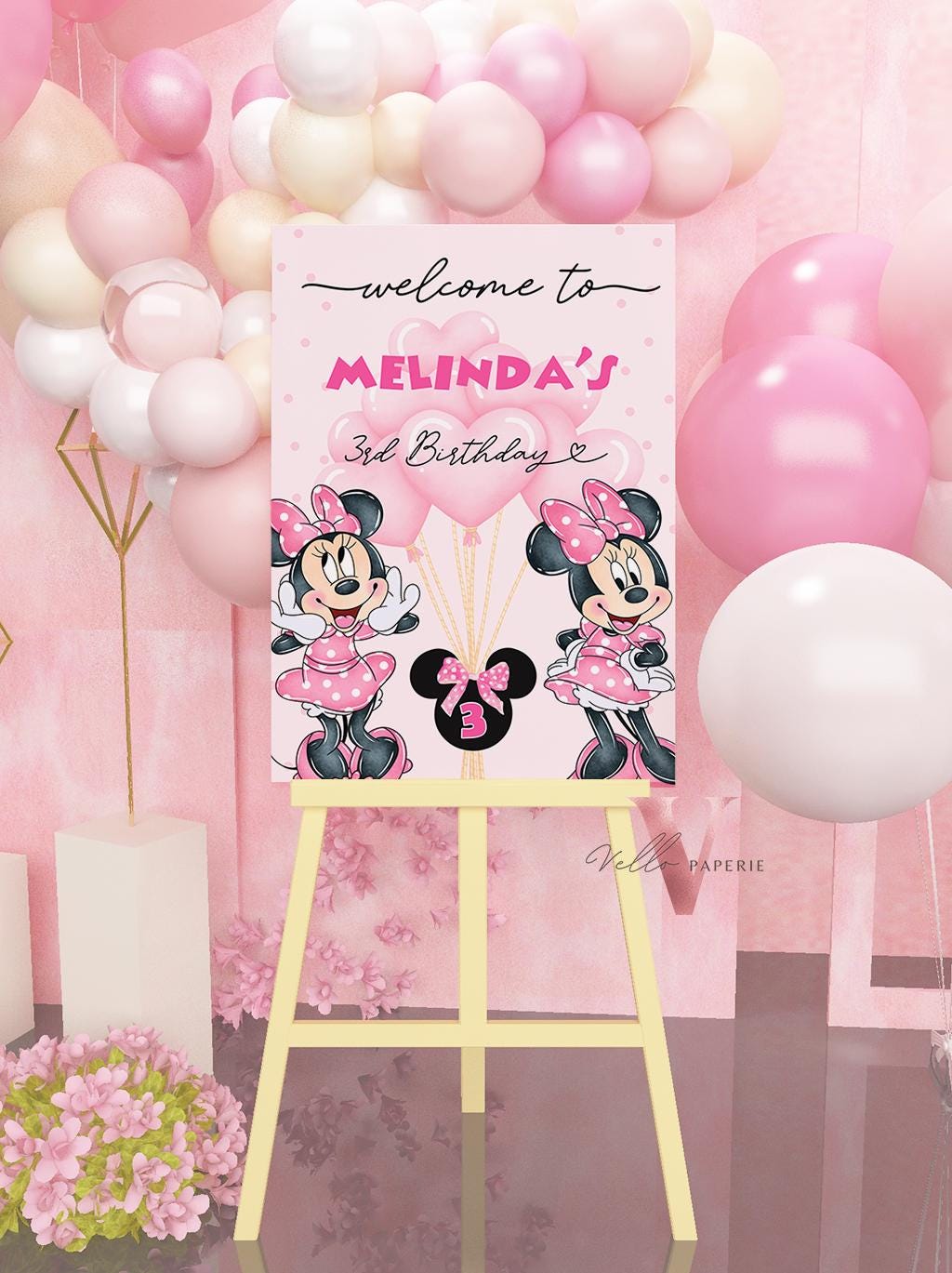 Self Edit Any Age Minnie Mouse Birthday Welcome Sign | Glitter Pink Polkadot Minnie Party Decor Sign | Balloon Minnie Pink Sign MMB02