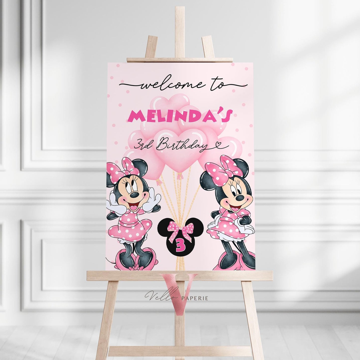 Self Edit Any Age Minnie Mouse Birthday Welcome Sign | Glitter Pink Polkadot Minnie Party Decor Sign | Balloon Minnie Pink Sign MMB02