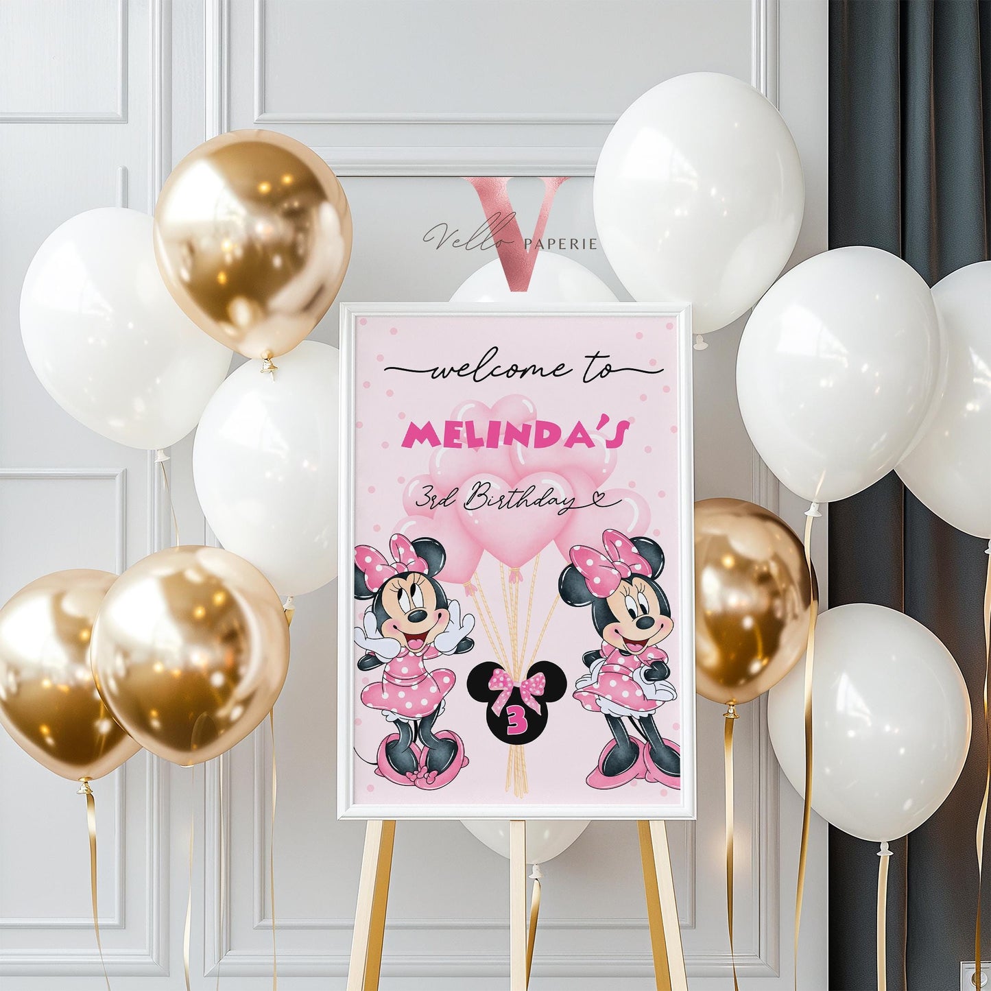 Self Edit Any Age Minnie Mouse Birthday Welcome Sign | Glitter Pink Polkadot Minnie Party Decor Sign | Balloon Minnie Pink Sign MMB02