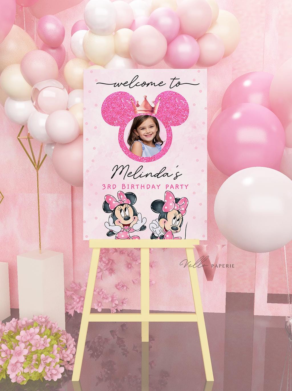 Self Editable Photo Minnie Mouse Birthday Welcome Sign | Glitter Pink Polkadot Minnie Party Decor Sign | Balloon Minnie Pink Sign MMB03