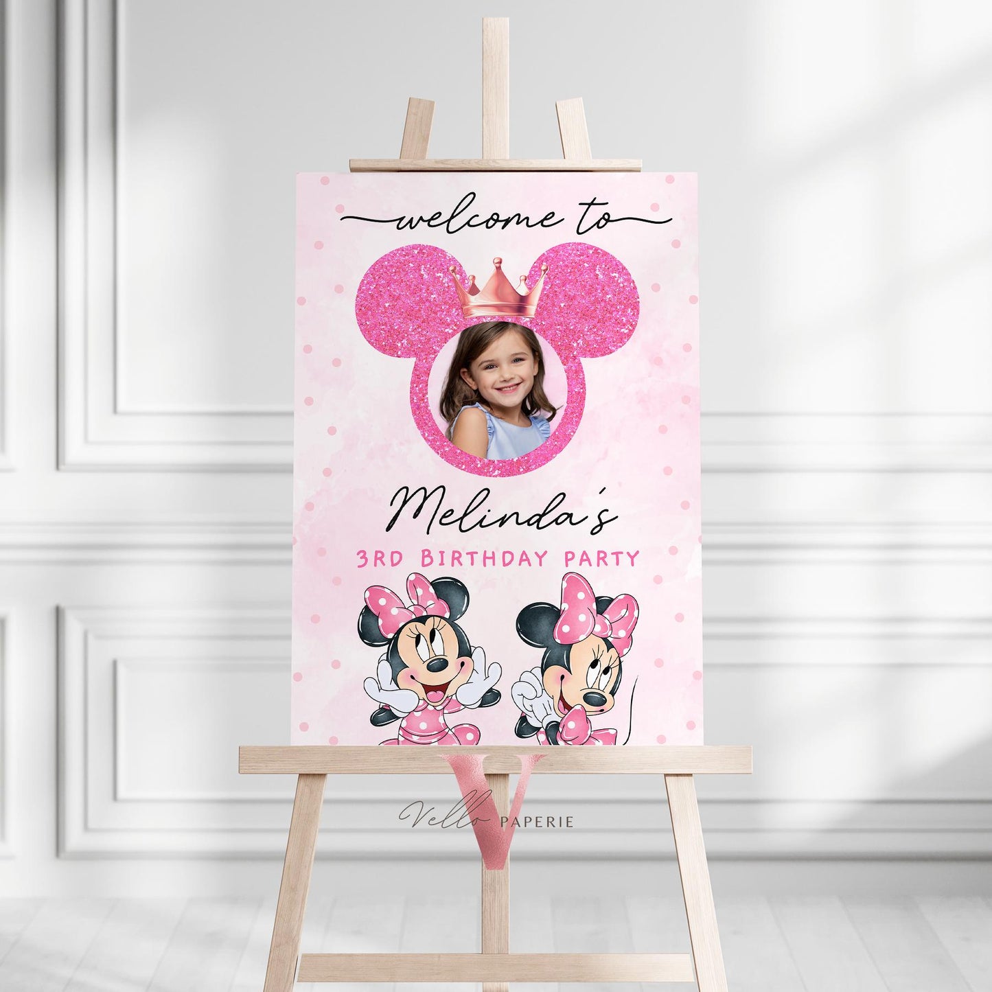 Self Editable Photo Minnie Mouse Birthday Welcome Sign | Glitter Pink Polkadot Minnie Party Decor Sign | Balloon Minnie Pink Sign MMB03
