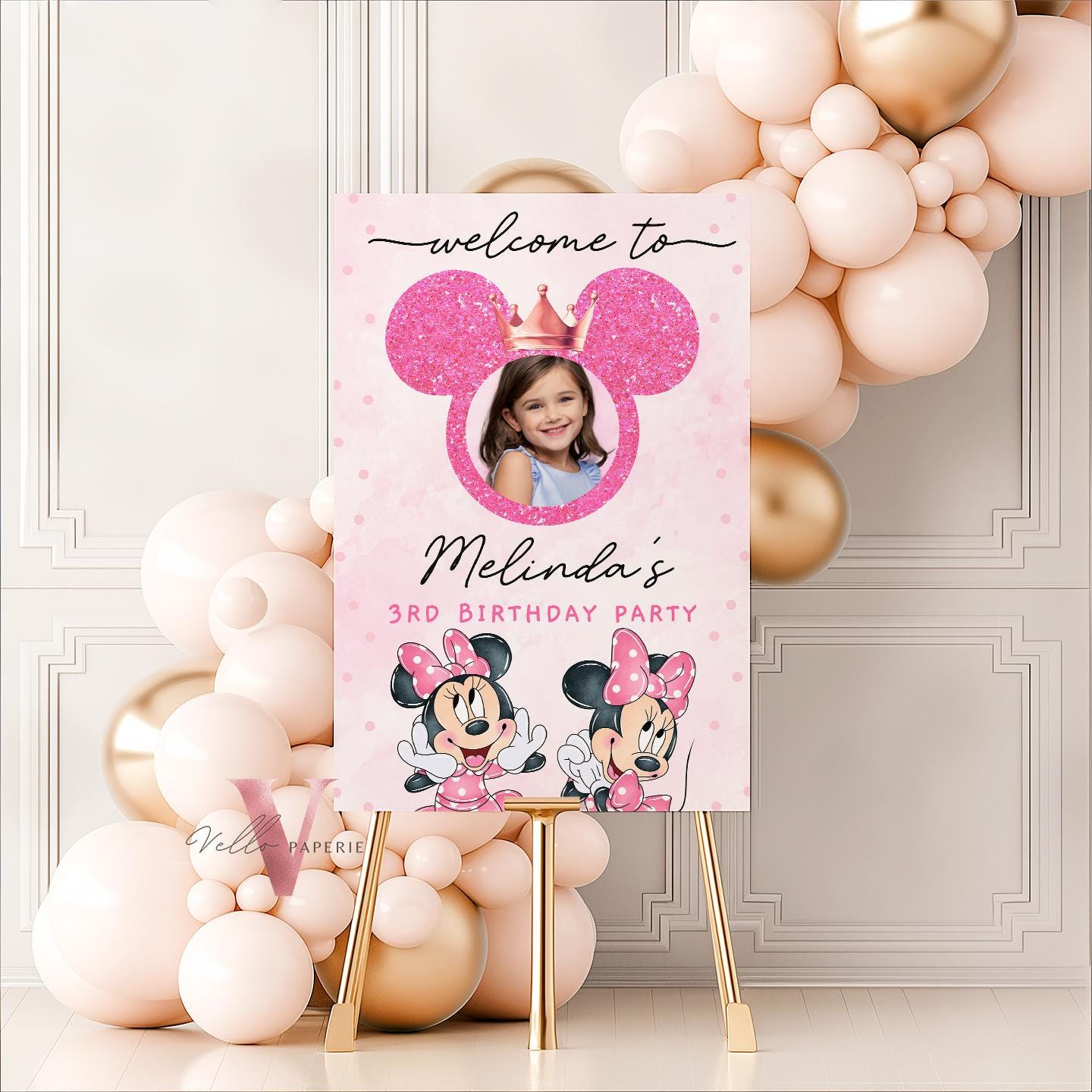 Self Editable Photo Minnie Mouse Birthday Welcome Sign | Glitter Pink Polkadot Minnie Party Decor Sign | Balloon Minnie Pink Sign MMB03