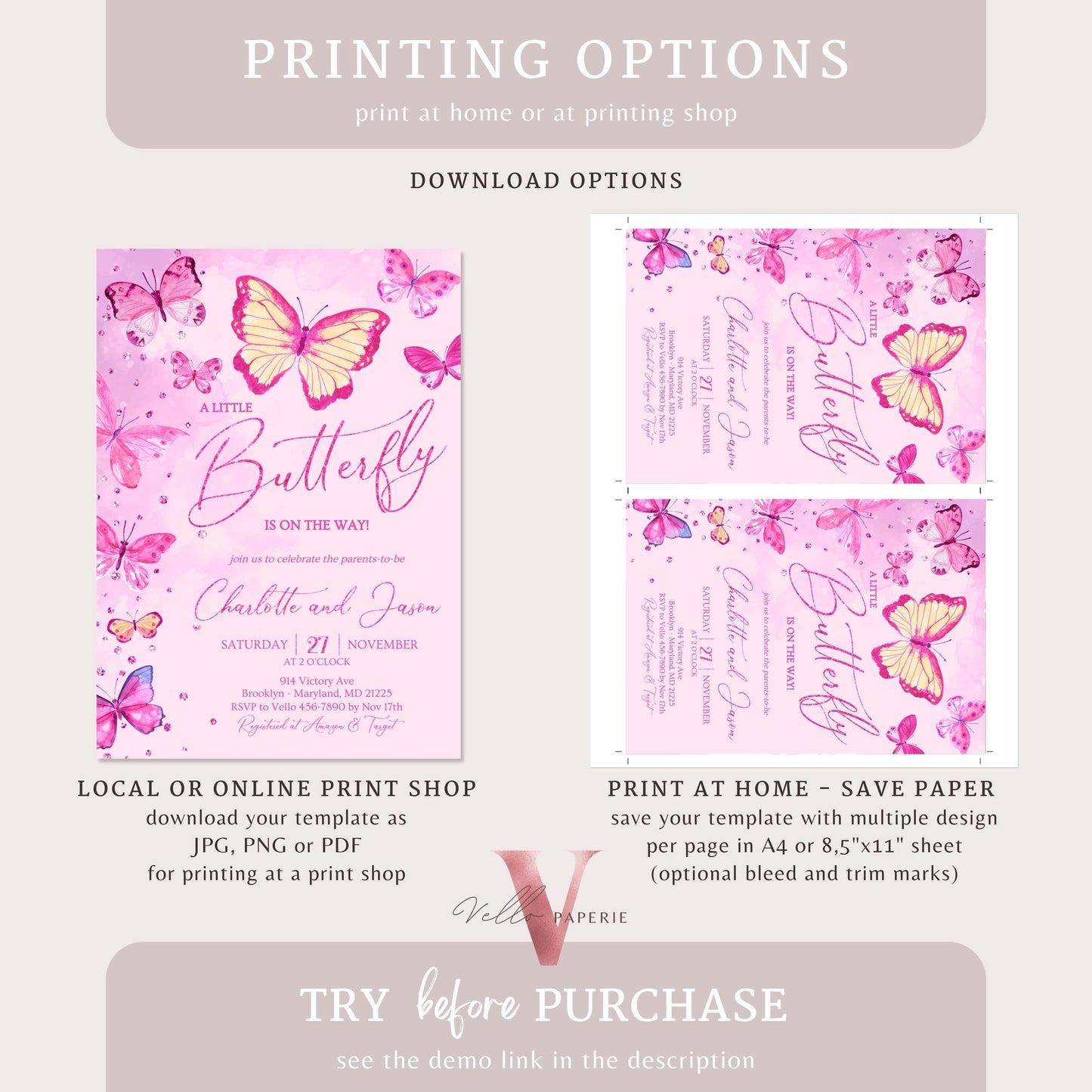 Pink Watercolor Butterfly Baby Shower Party Invitation | A little butterfly Welcome Baby Party Invite | Pink Glitter Baby Butterfly Template