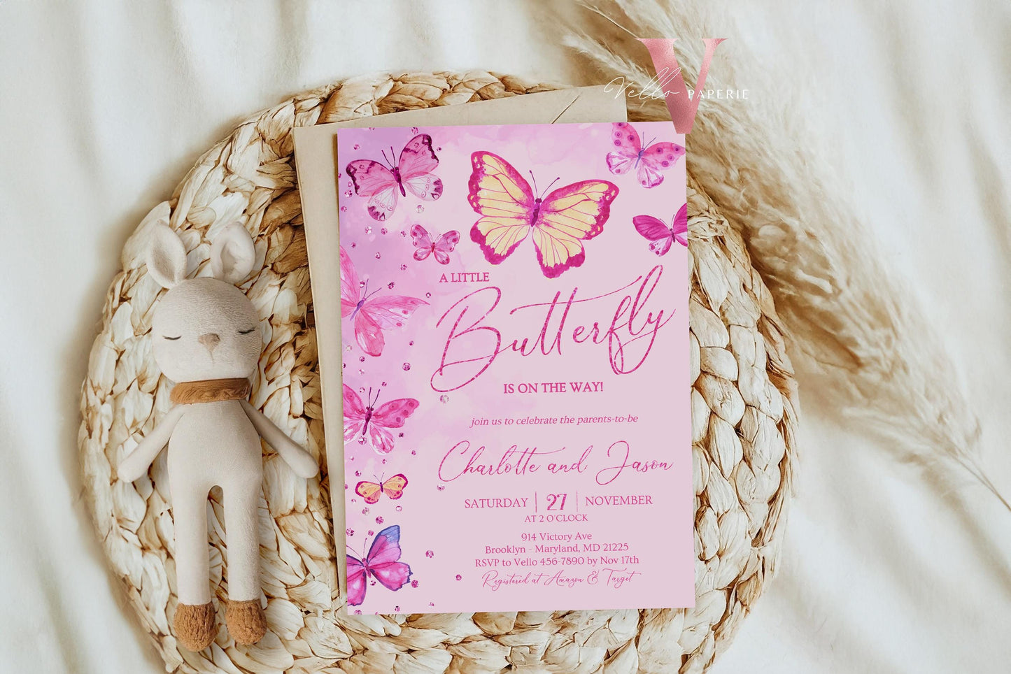 Pink Watercolor Butterfly Baby Shower Party Invitation | A little butterfly Welcome Baby Party Invite | Pink Glitter Baby Butterfly Template