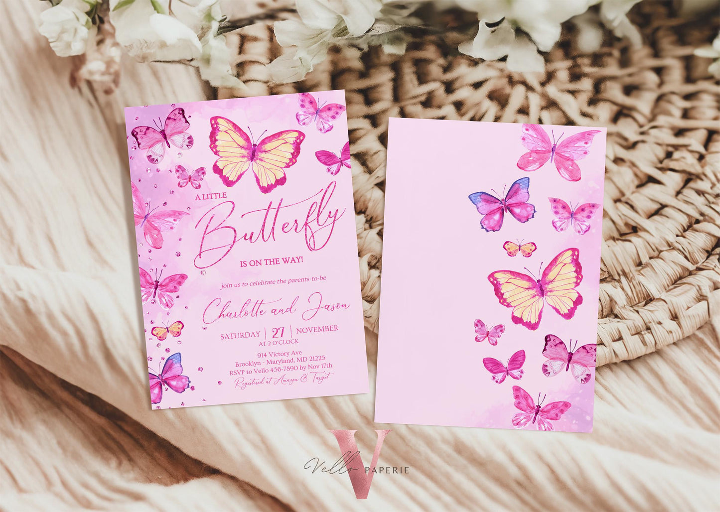 Pink Watercolor Butterfly Baby Shower Party Invitation | A little butterfly Welcome Baby Party Invite | Pink Glitter Baby Butterfly Template
